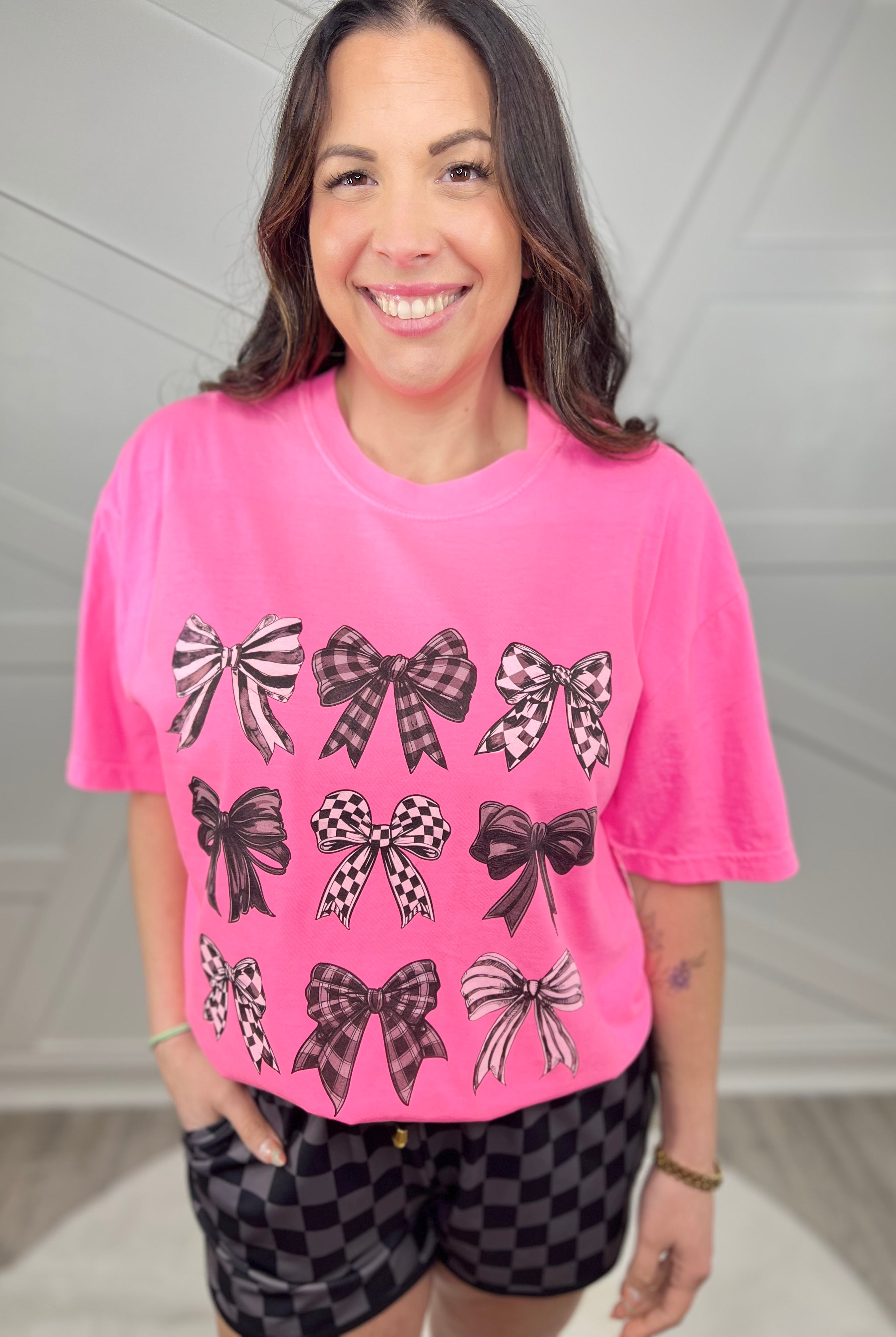 Black Bow Collage Graphic Tee-130 Graphic Tees-Heathered Boho-Heathered Boho Boutique, Women's Fashion and Accessories in Palmetto, FL