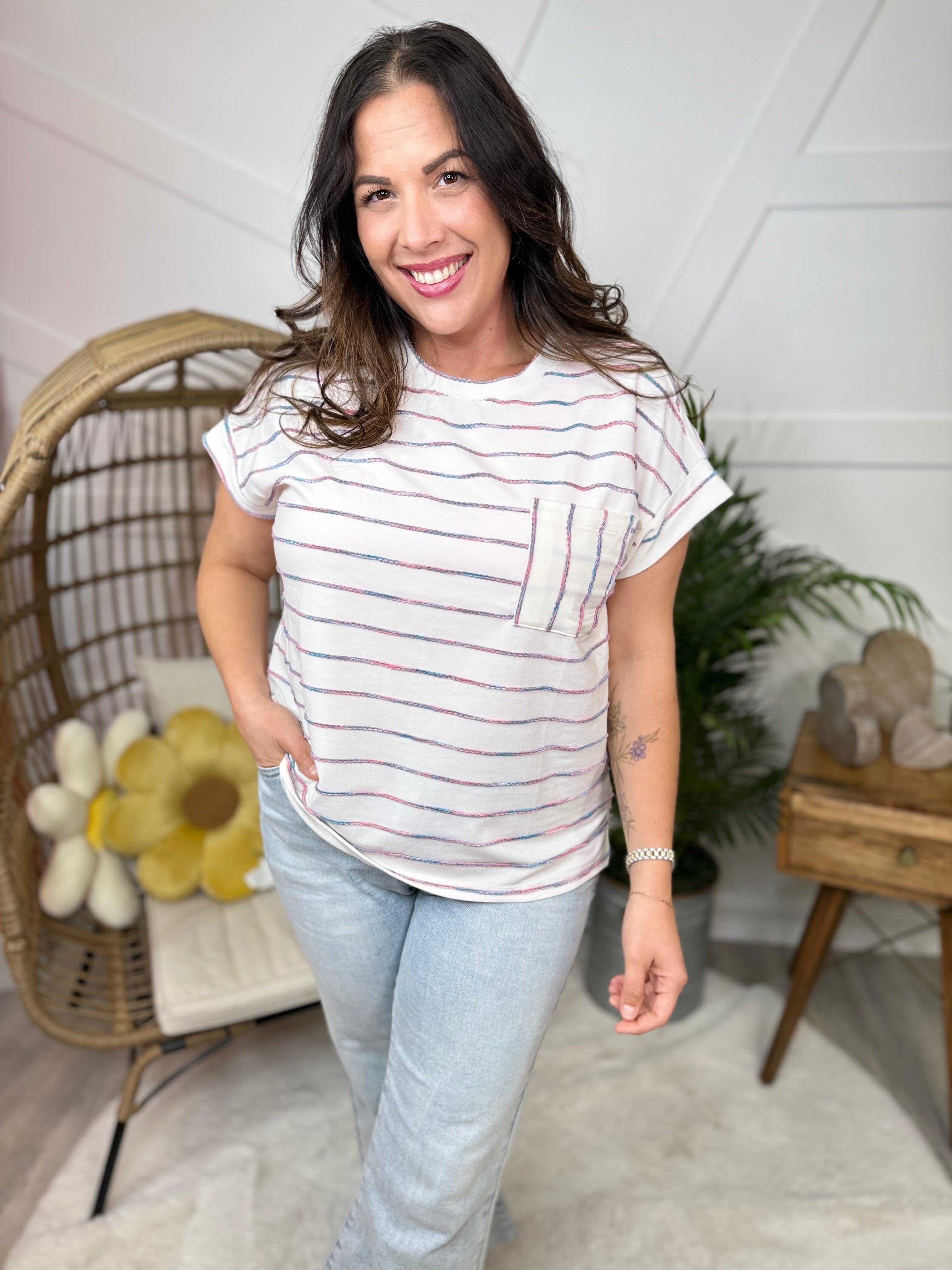 Striped Occasion Top-110 SHORT SLEEVE TOP-SEW IN LOVE-Heathered Boho Boutique, Women's Fashion and Accessories in Palmetto, FL