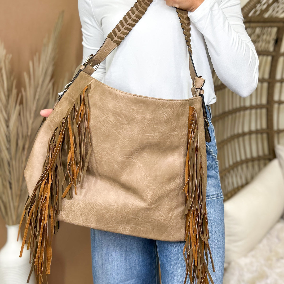 Sav Distressed Hobo Bag w/ Fringe Detail-320 Bags-Jen & Co.-Heathered Boho Boutique, Women's Fashion and Accessories in Palmetto, FL