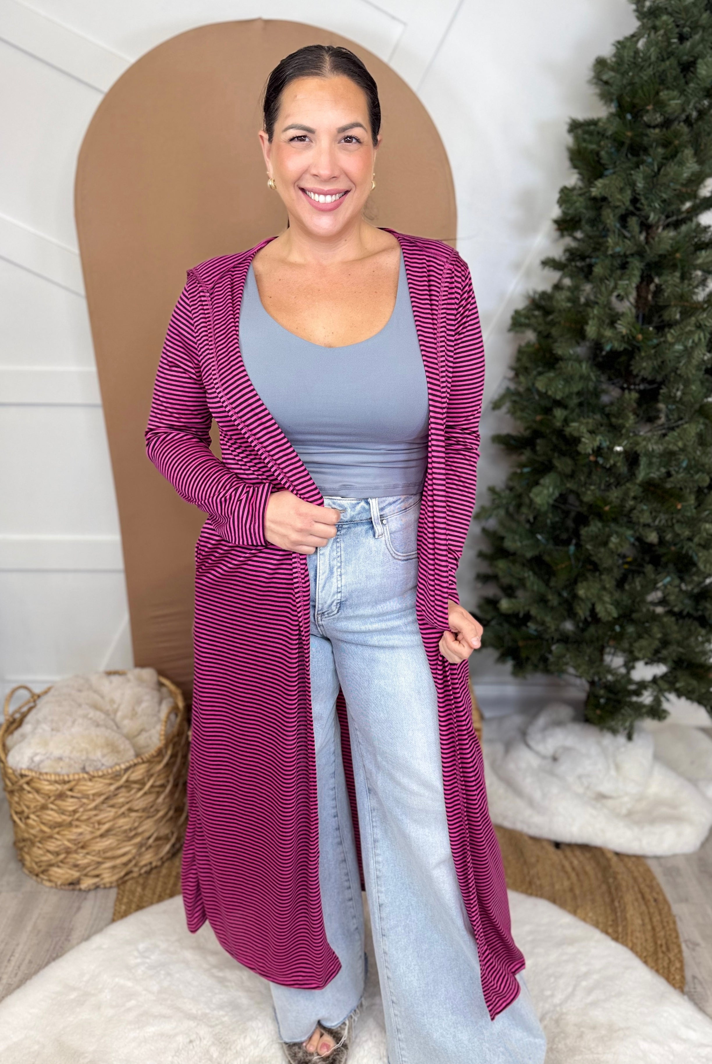 Hoodie Dream Duster - Striped Pink-220 Cardigans/ Kimonos-Heathered Boho-Heathered Boho Boutique, Women's Fashion and Accessories in Palmetto, FL