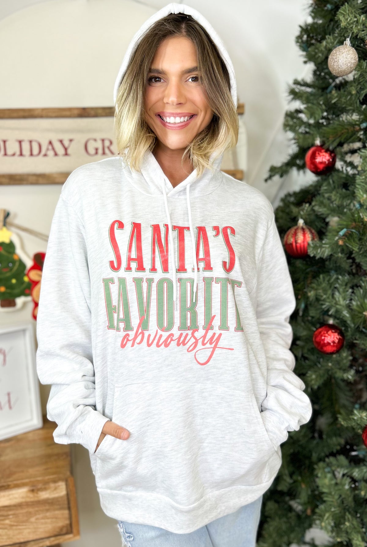 Santa's Favorite Obviously Graphic Hoodie-210 Hoodies-Heathered Boho-Heathered Boho Boutique, Women's Fashion and Accessories in Palmetto, FL