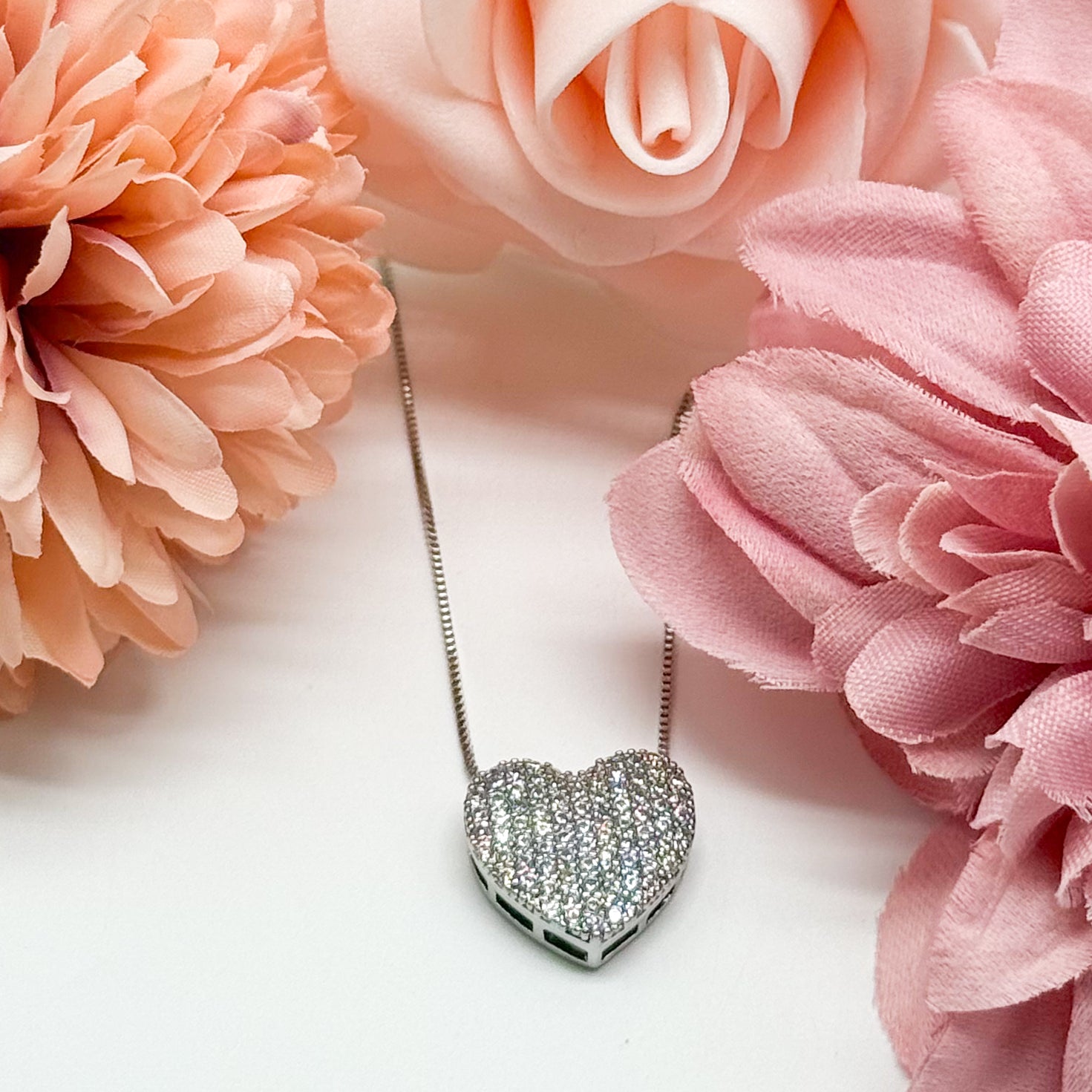 CZ Heart Pave Flat Necklace-310 Jewelry-RM Manufacturing-Heathered Boho Boutique, Women's Fashion and Accessories in Palmetto, FL
