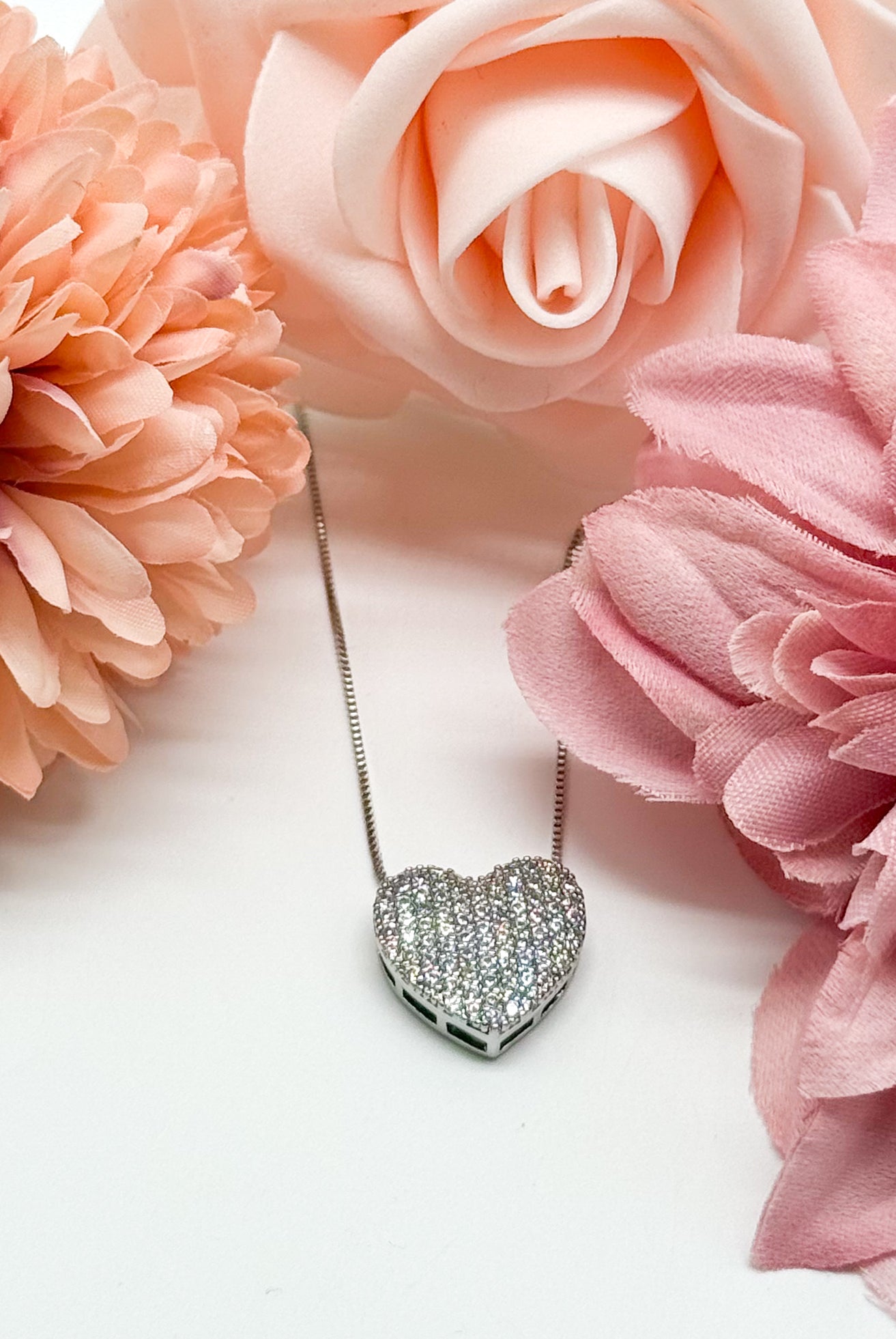 CZ Heart Pave Flat Necklace-310 Jewelry-RM Manufacturing-Heathered Boho Boutique, Women's Fashion and Accessories in Palmetto, FL