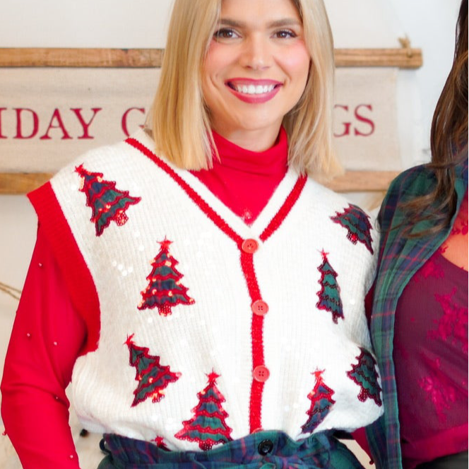 Oh Christmas Tree Vest-200 JACKETS/SHACKETS-Southern Grace-Heathered Boho Boutique, Women's Fashion and Accessories in Palmetto, FL