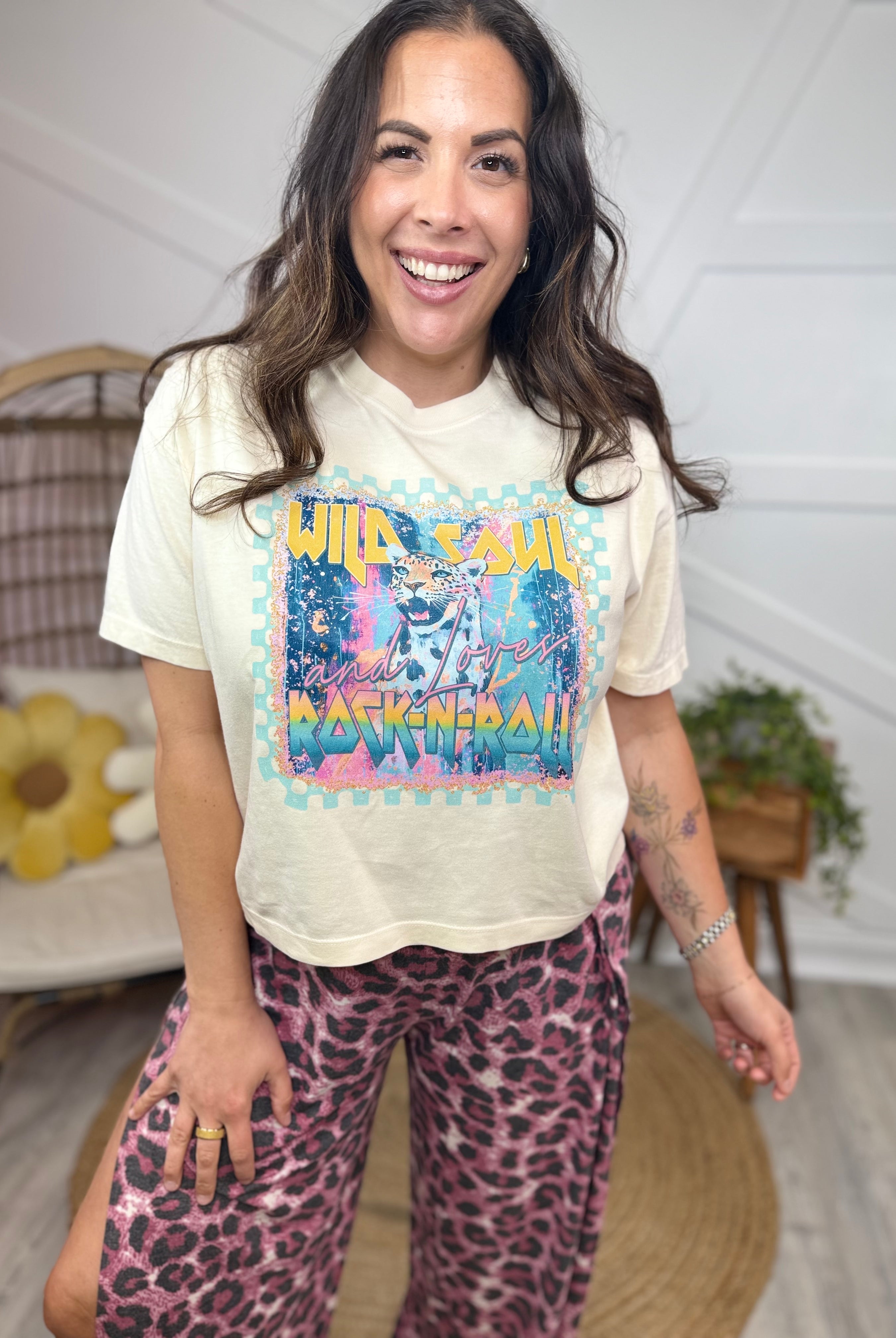 Wild Soul & Loves Rock N Roll BOXY Graphic Tee-130 Graphic Tees-Heathered Boho-Heathered Boho Boutique, Women's Fashion and Accessories in Palmetto, FL
