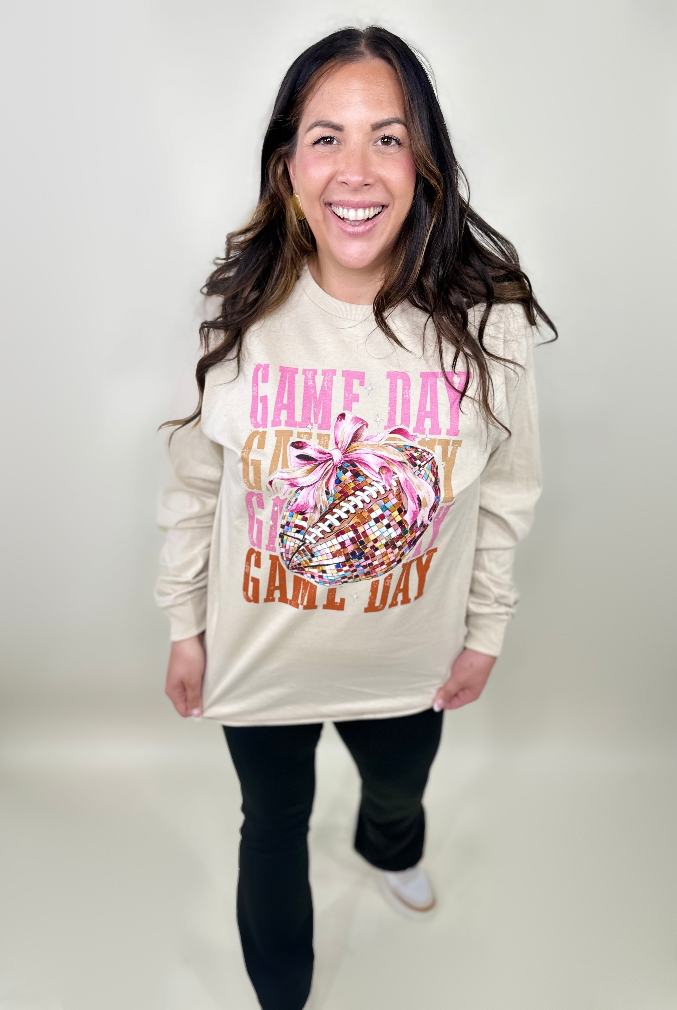 Game Day Disco Football Long Sleeve Graphic Tee-130 Graphic Tees-Heathered Boho-Heathered Boho Boutique, Women's Fashion and Accessories in Palmetto, FL