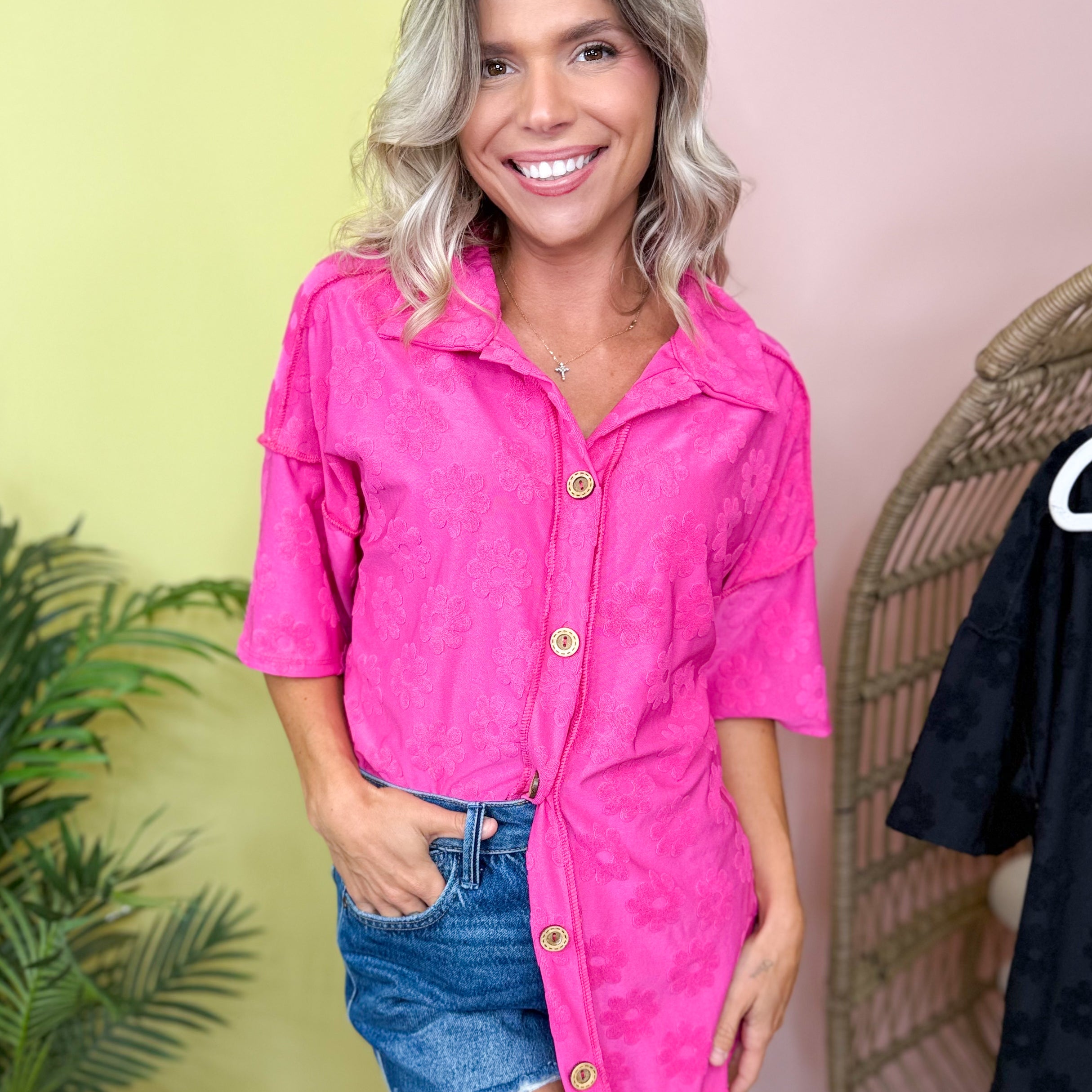 Petal Pop Button Shirt-110 SHORT SLEEVE TOP-HEIMISH-Heathered Boho Boutique, Women's Fashion and Accessories in Palmetto, FL