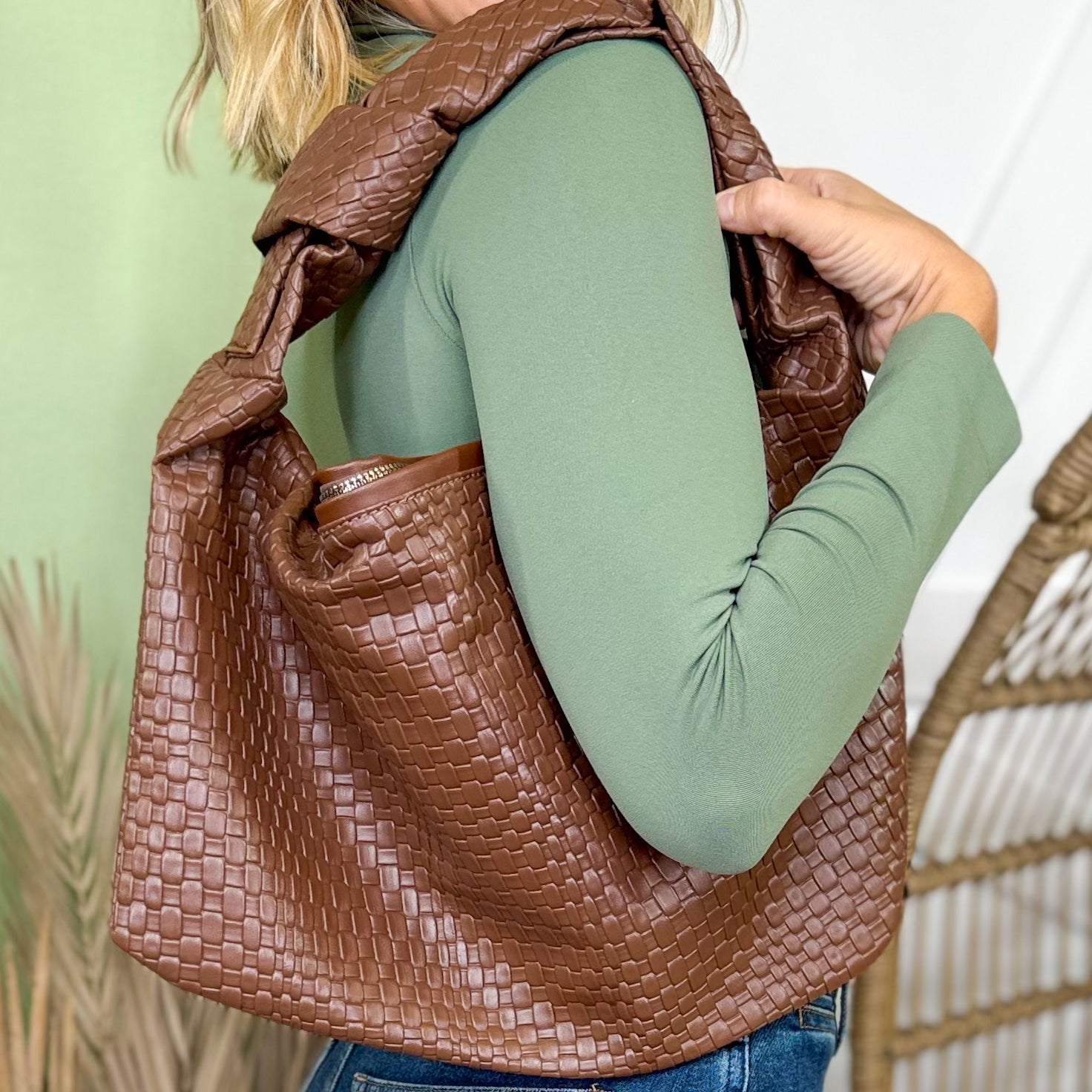 Braided Pattern Knotted Handle Hand Bag-320 Bags-Fame Accessories-Heathered Boho Boutique, Women's Fashion and Accessories in Palmetto, FL