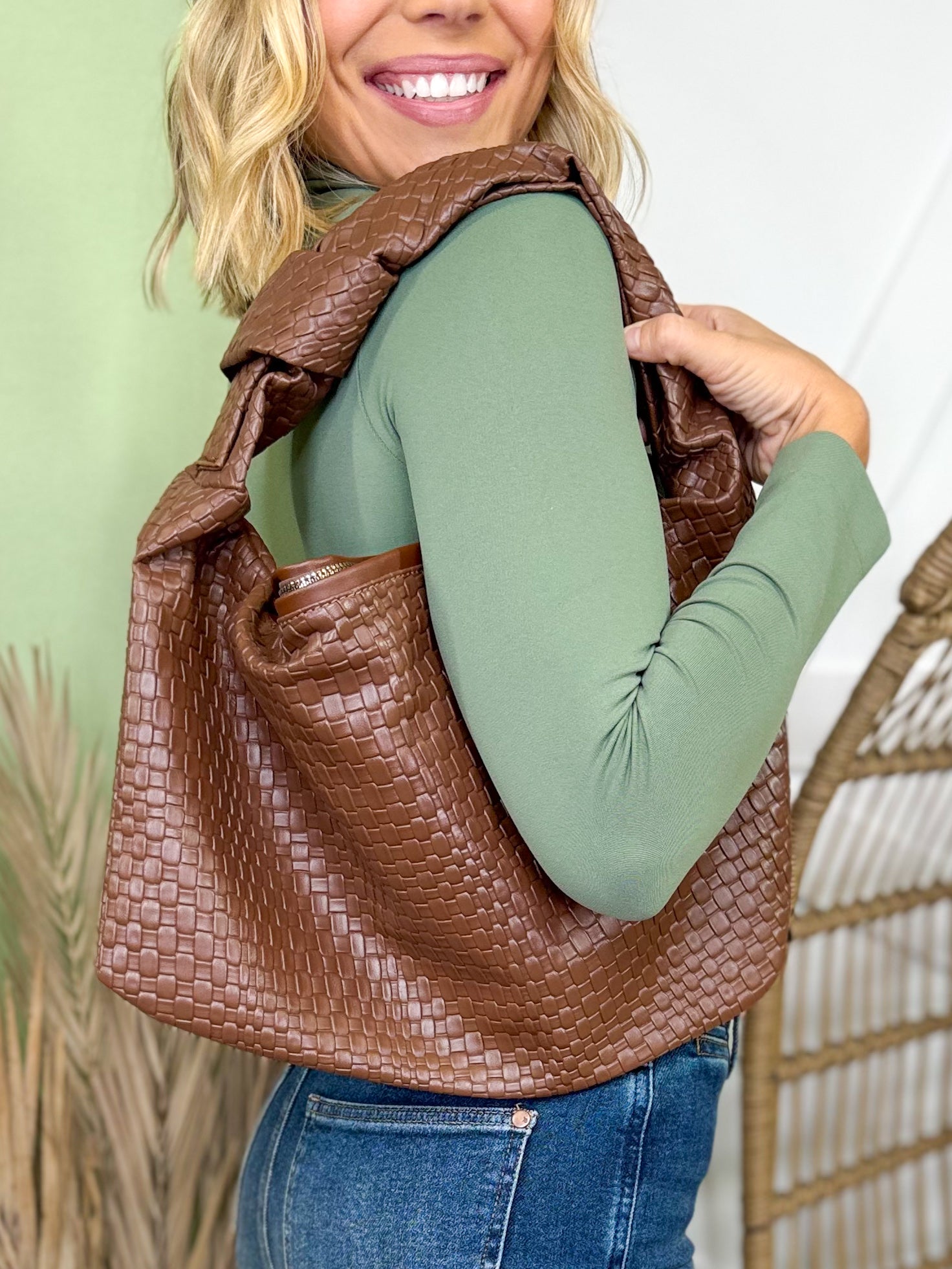 Braided Pattern Knotted Handle Hand Bag-320 Bags-Fame Accessories-Heathered Boho Boutique, Women's Fashion and Accessories in Palmetto, FL