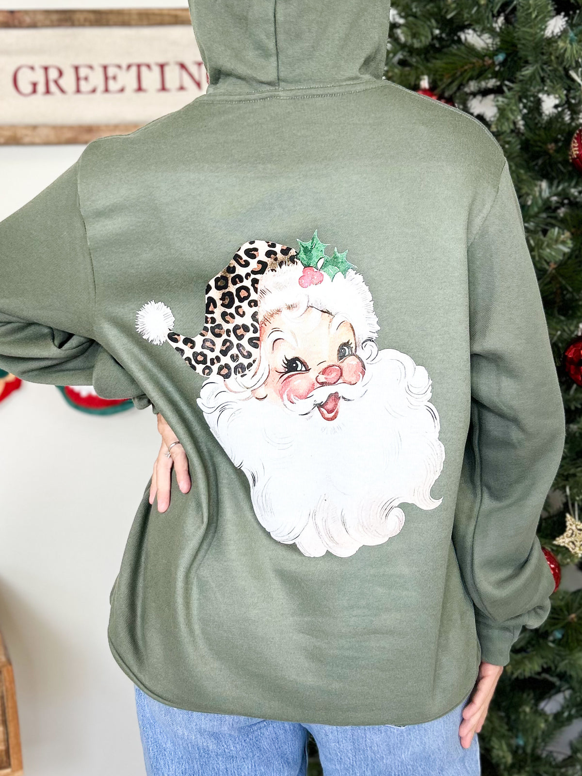 Leopard Hat Santa Pocket Graphic Hoodie-210 Hoodies-Heathered Boho-Heathered Boho Boutique, Women's Fashion and Accessories in Palmetto, FL