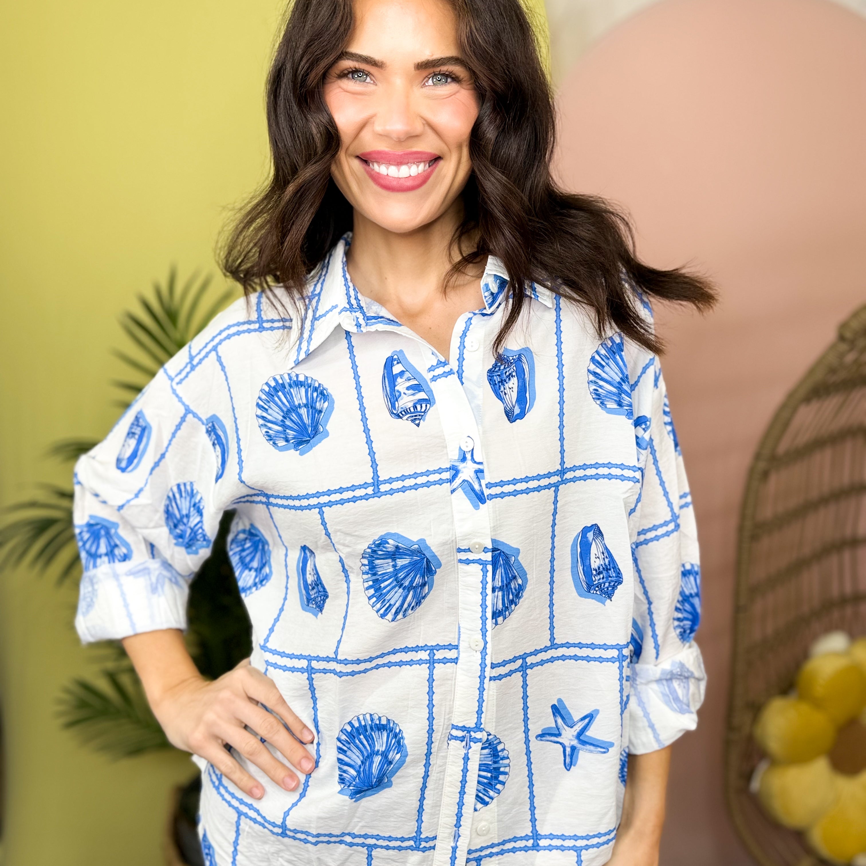 Seaside Sketch Button Down-120 LONG SLEEVE TOPS-ODDI-Heathered Boho Boutique, Women's Fashion and Accessories in Palmetto, FL