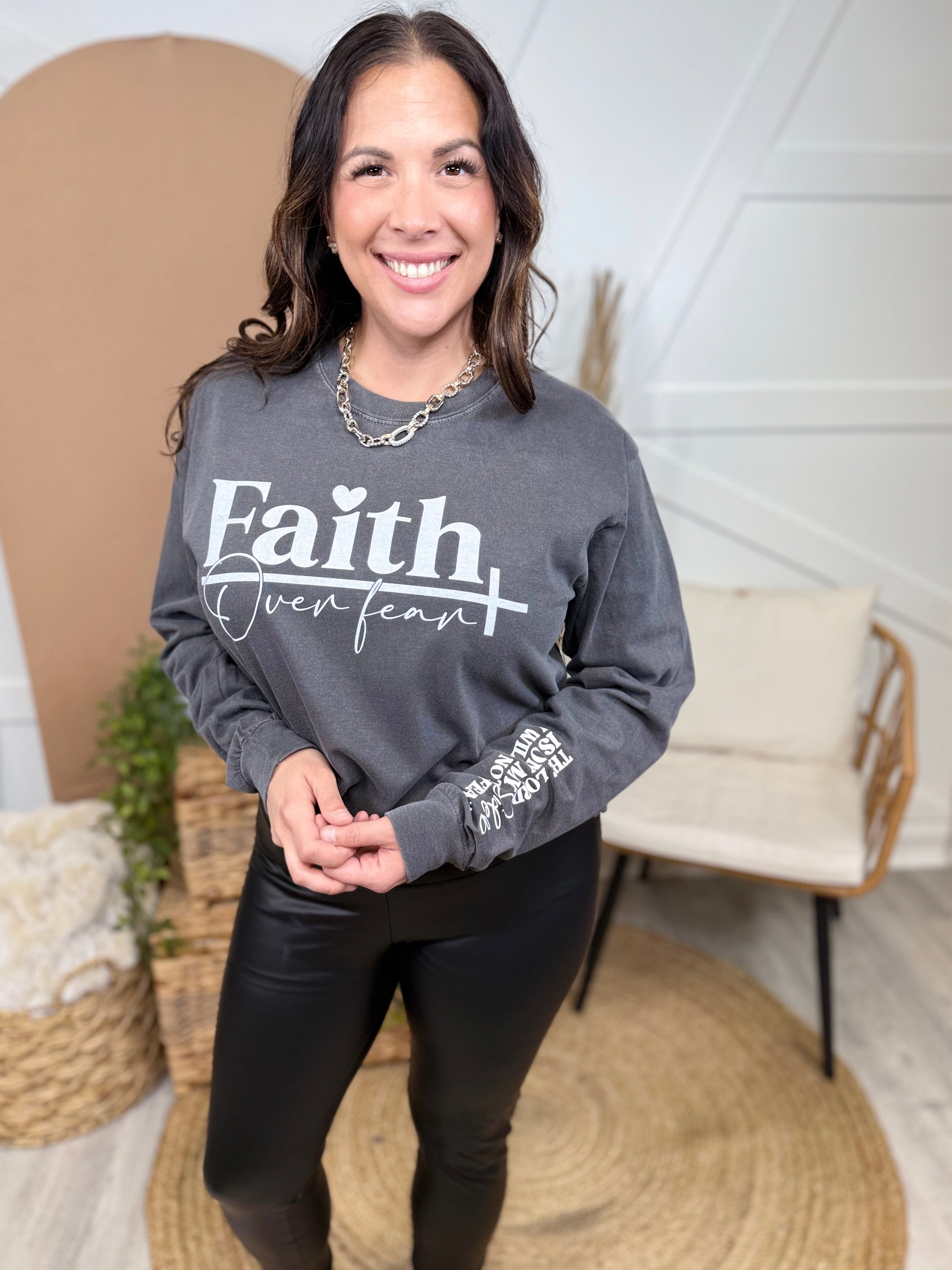 Will Not Fear-White Text-Graphic Long Sleeve-130 Graphic Tees-Heathered Boho-Heathered Boho Boutique, Women's Fashion and Accessories in Palmetto, FL