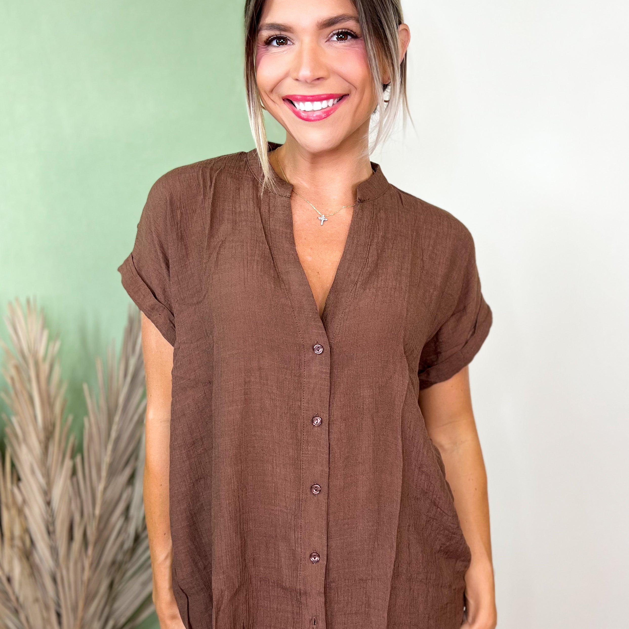 Textured Gauze Button-Front Blouse-110 SHORT SLEEVE TOP-TIMING-Heathered Boho Boutique, Women's Fashion and Accessories in Palmetto, FL