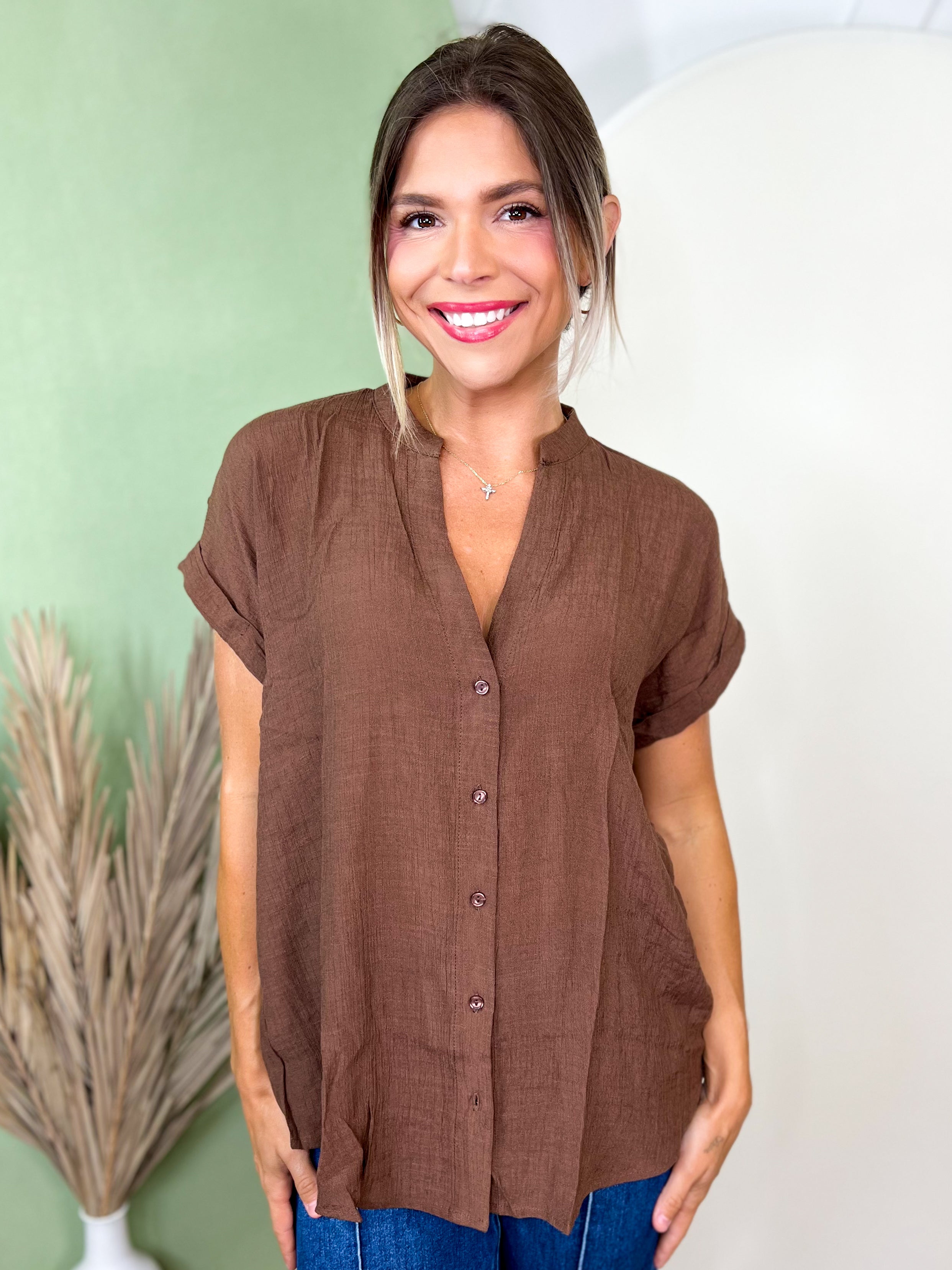 Textured Gauze Button-Front Blouse-110 SHORT SLEEVE TOP-TIMING-Heathered Boho Boutique, Women's Fashion and Accessories in Palmetto, FL