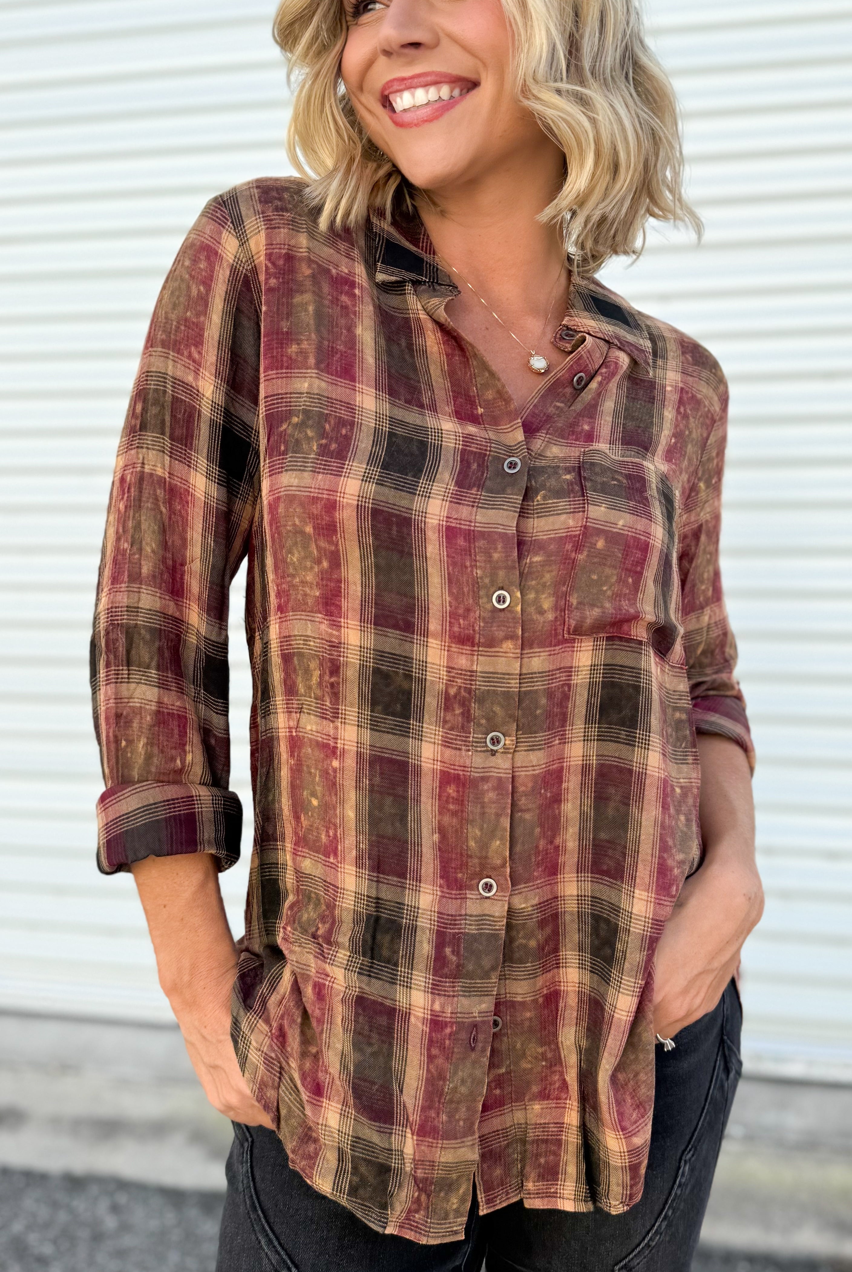 Remember Me Button Down Top-120 LONG SLEEVE TOPS-MYSTREE-Heathered Boho Boutique, Women's Fashion and Accessories in Palmetto, FL