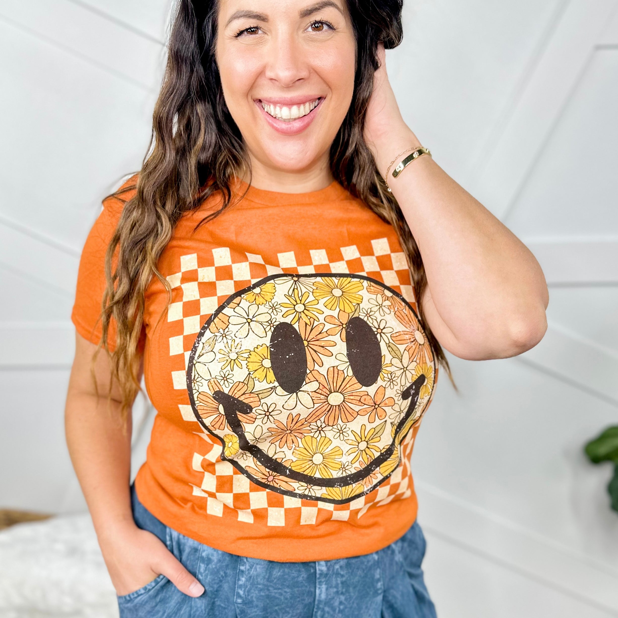 Autumn Checkered Smiley Graphic Tee-130 Graphic Tees-Heathered Boho-Heathered Boho Boutique, Women's Fashion and Accessories in Palmetto, FL