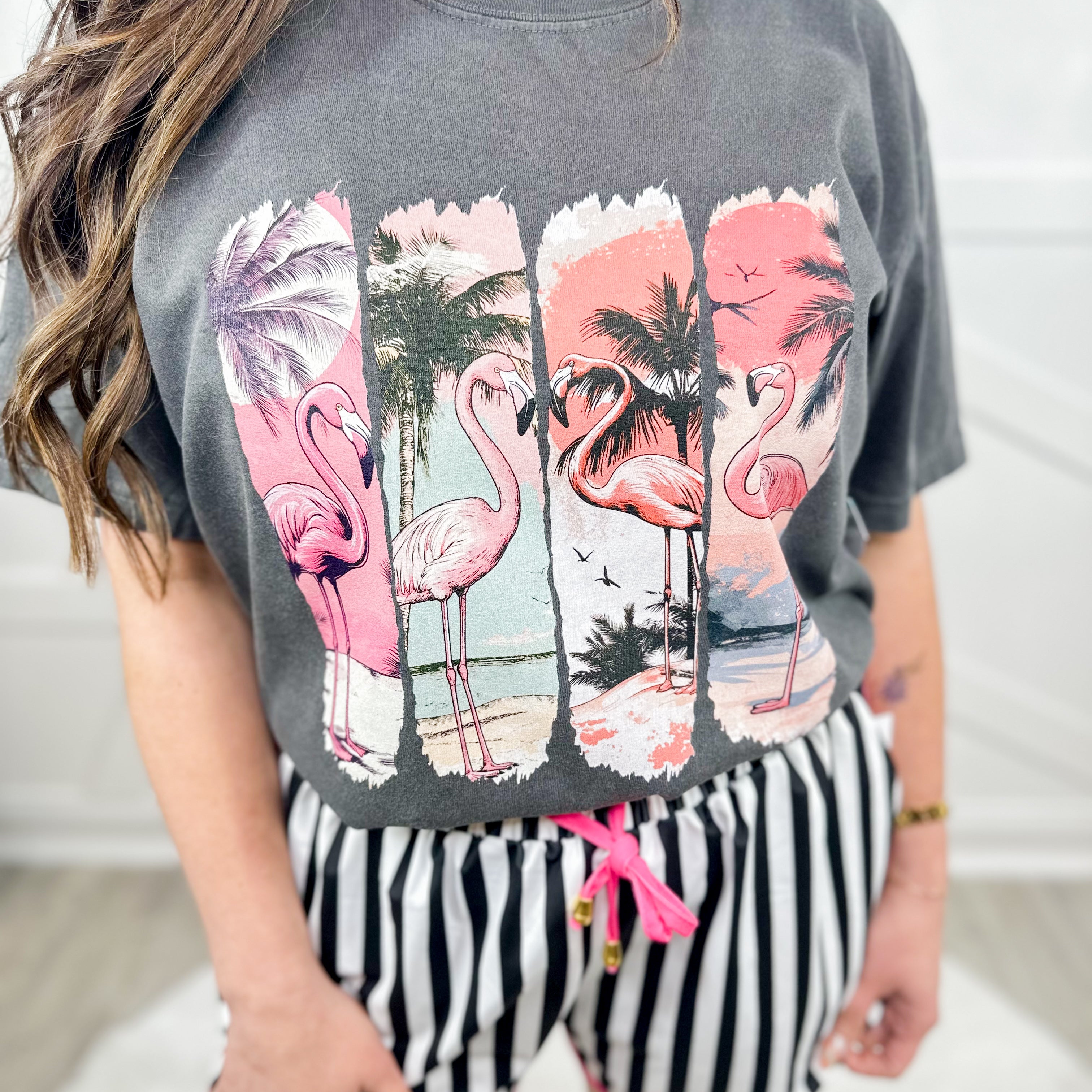 4 Flamingo Summer Graphic Tee-130 Graphic Tees-Heathered Boho-Heathered Boho Boutique, Women's Fashion and Accessories in Palmetto, FL