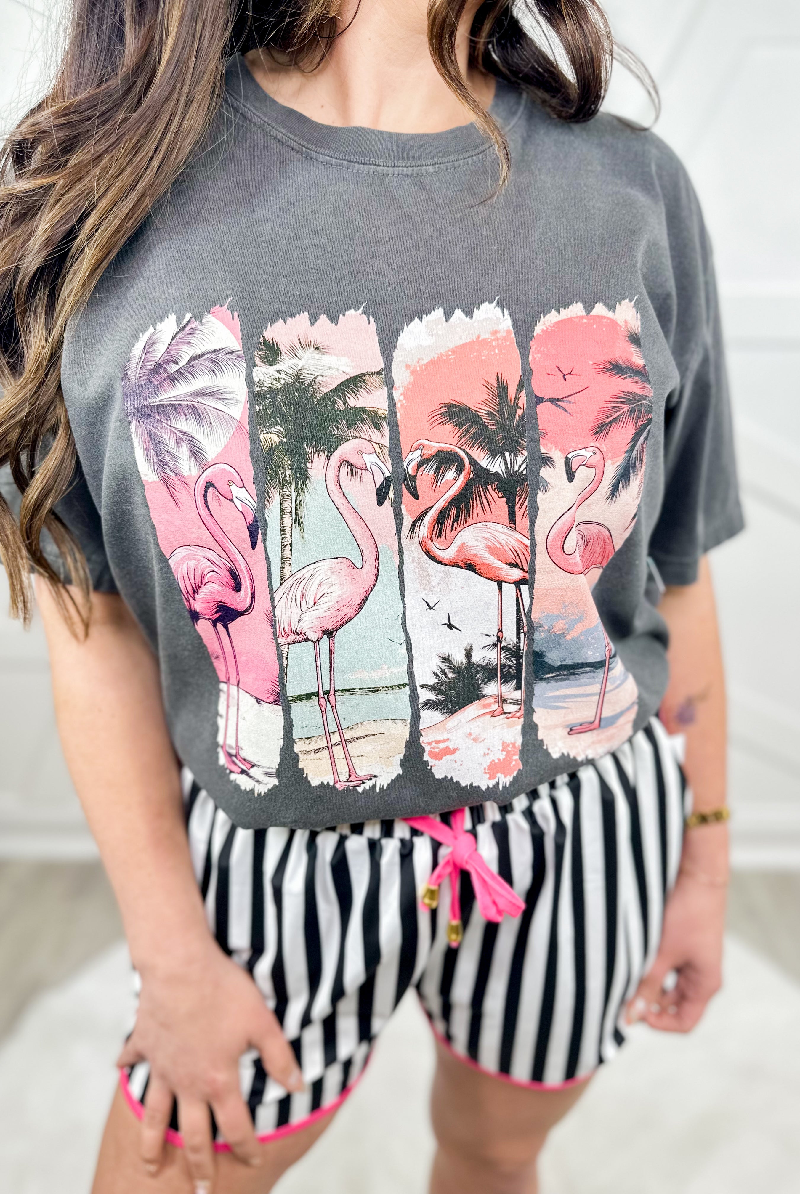 4 Flamingo Summer Graphic Tee-130 Graphic Tees-Heathered Boho-Heathered Boho Boutique, Women's Fashion and Accessories in Palmetto, FL