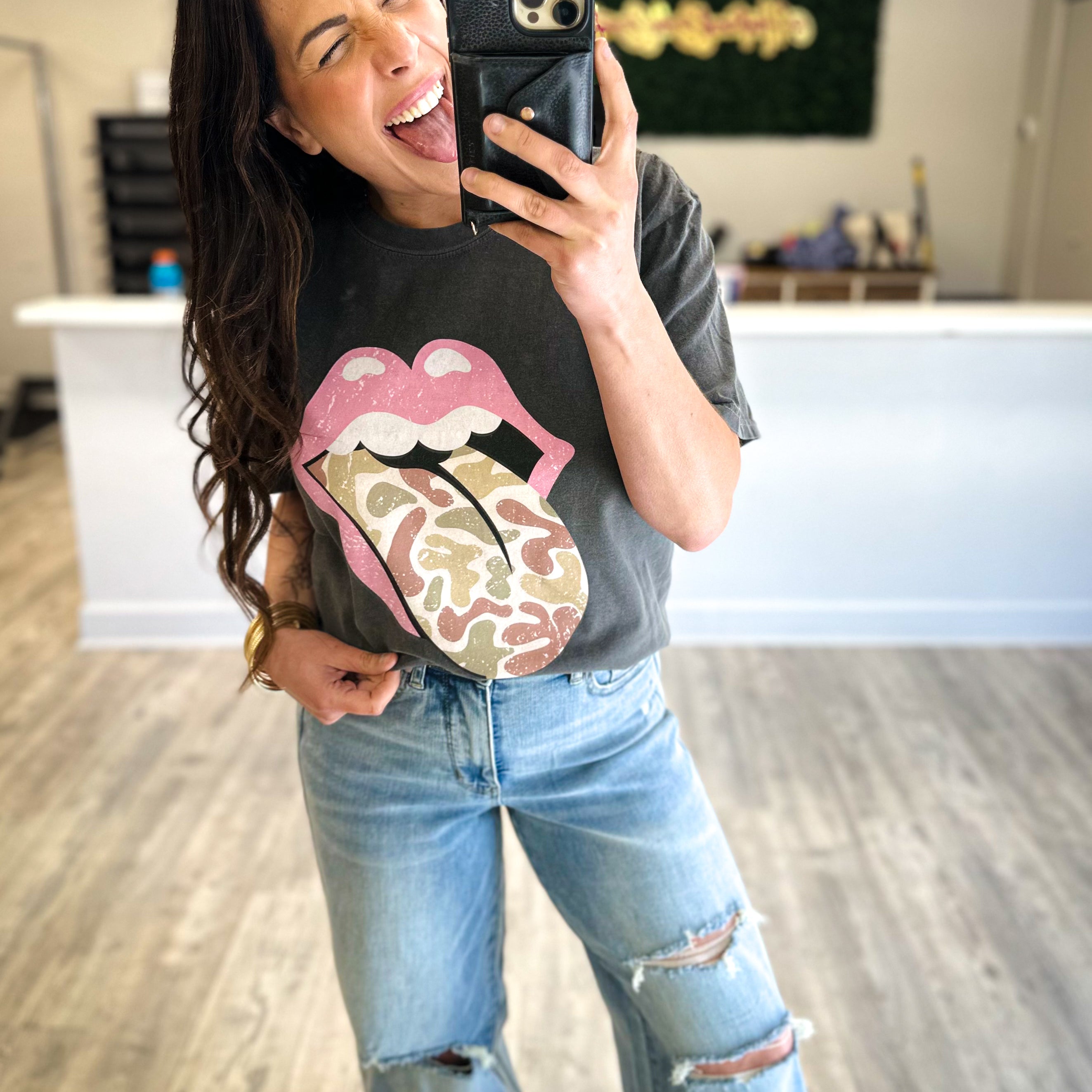 Camo Tongue Graphic Tee-130 Graphic Tees-Heathered Boho-Heathered Boho Boutique, Women's Fashion and Accessories in Palmetto, FL