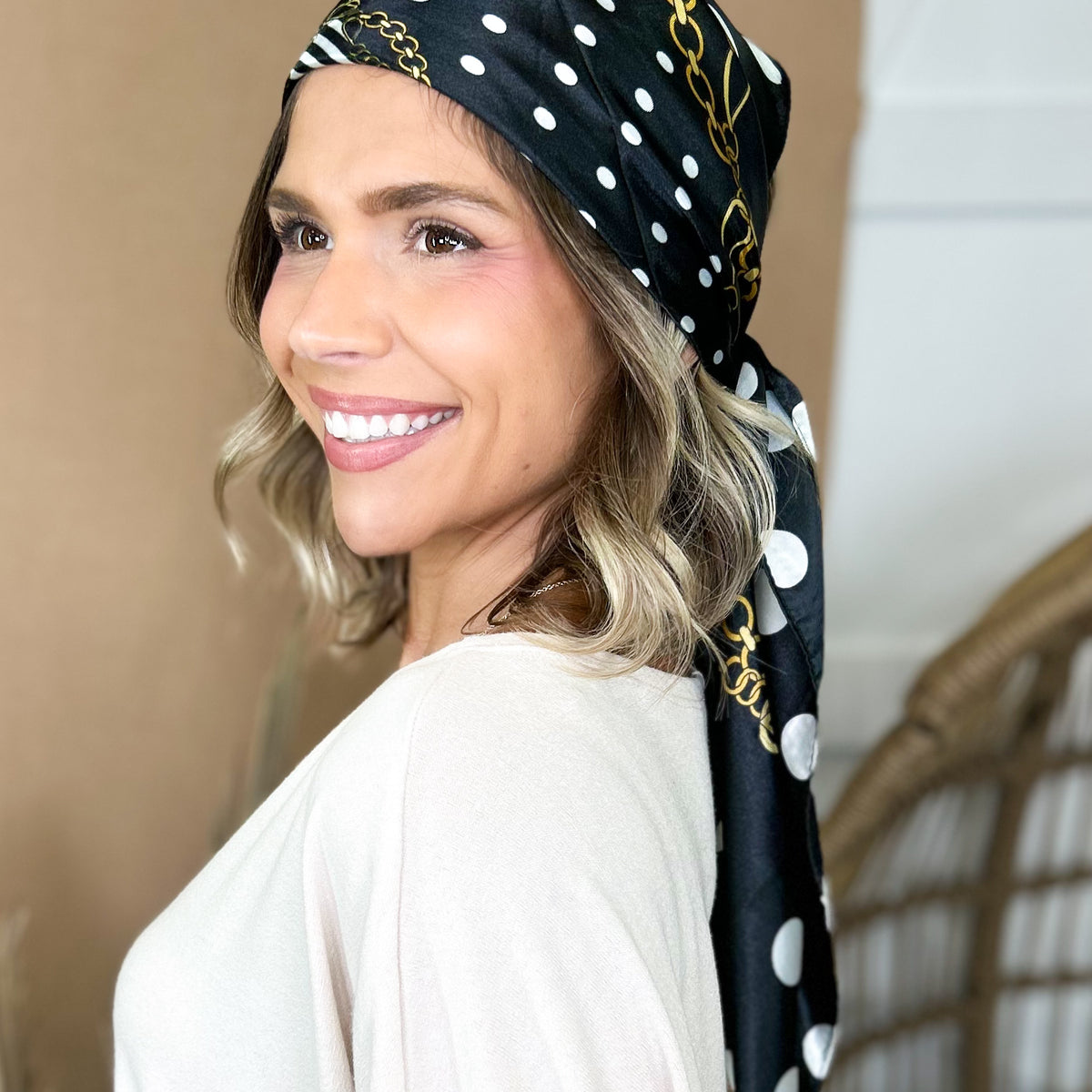 Dots & Chain Pattern Luxe Satin Head Scarf-340 Other Accessories-Heathered Boho-Heathered Boho Boutique, Women's Fashion and Accessories in Palmetto, FL