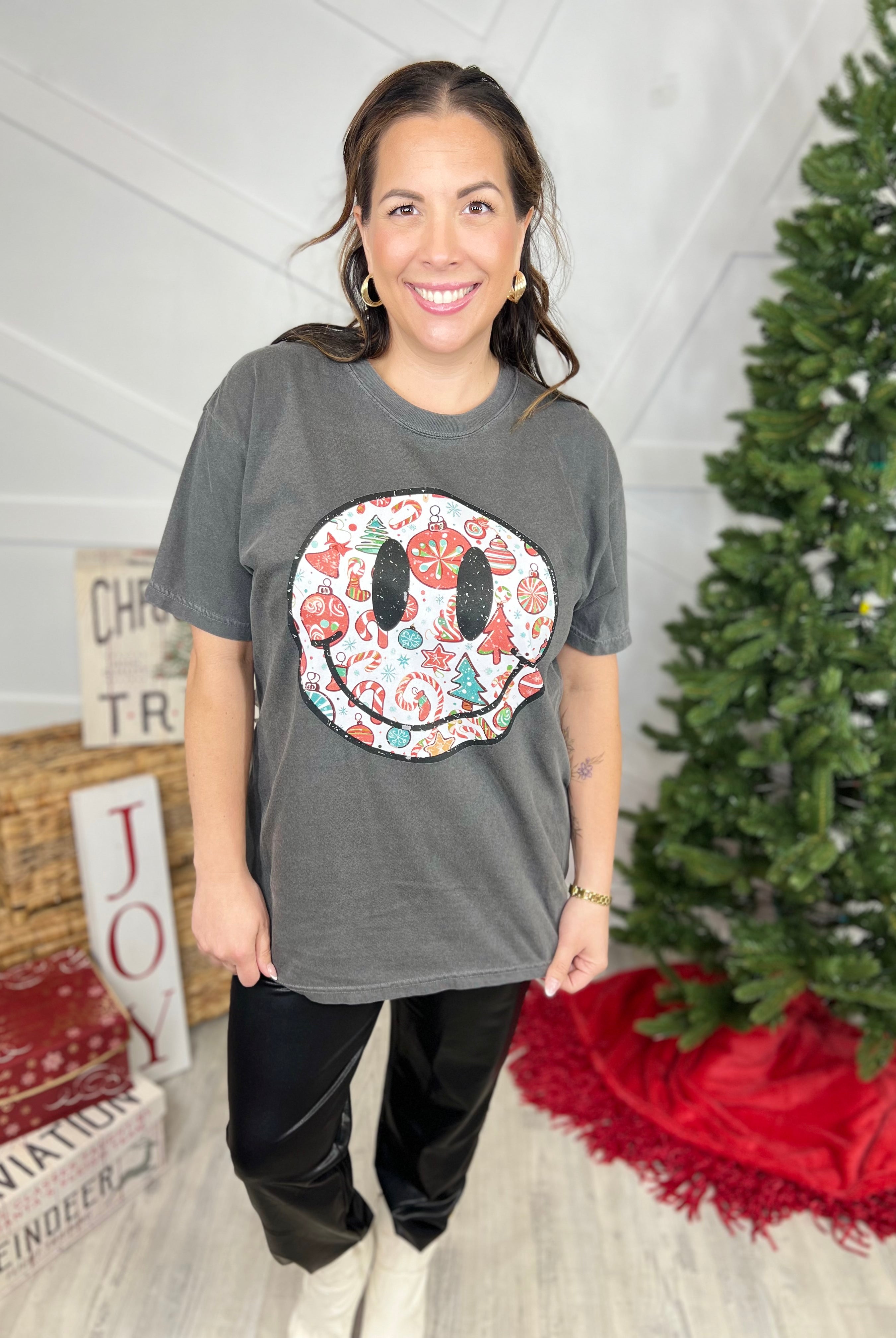 Christmas Smiley Face Graphic Tee-130 Graphic Tees-Heathered Boho-Heathered Boho Boutique, Women's Fashion and Accessories in Palmetto, FL