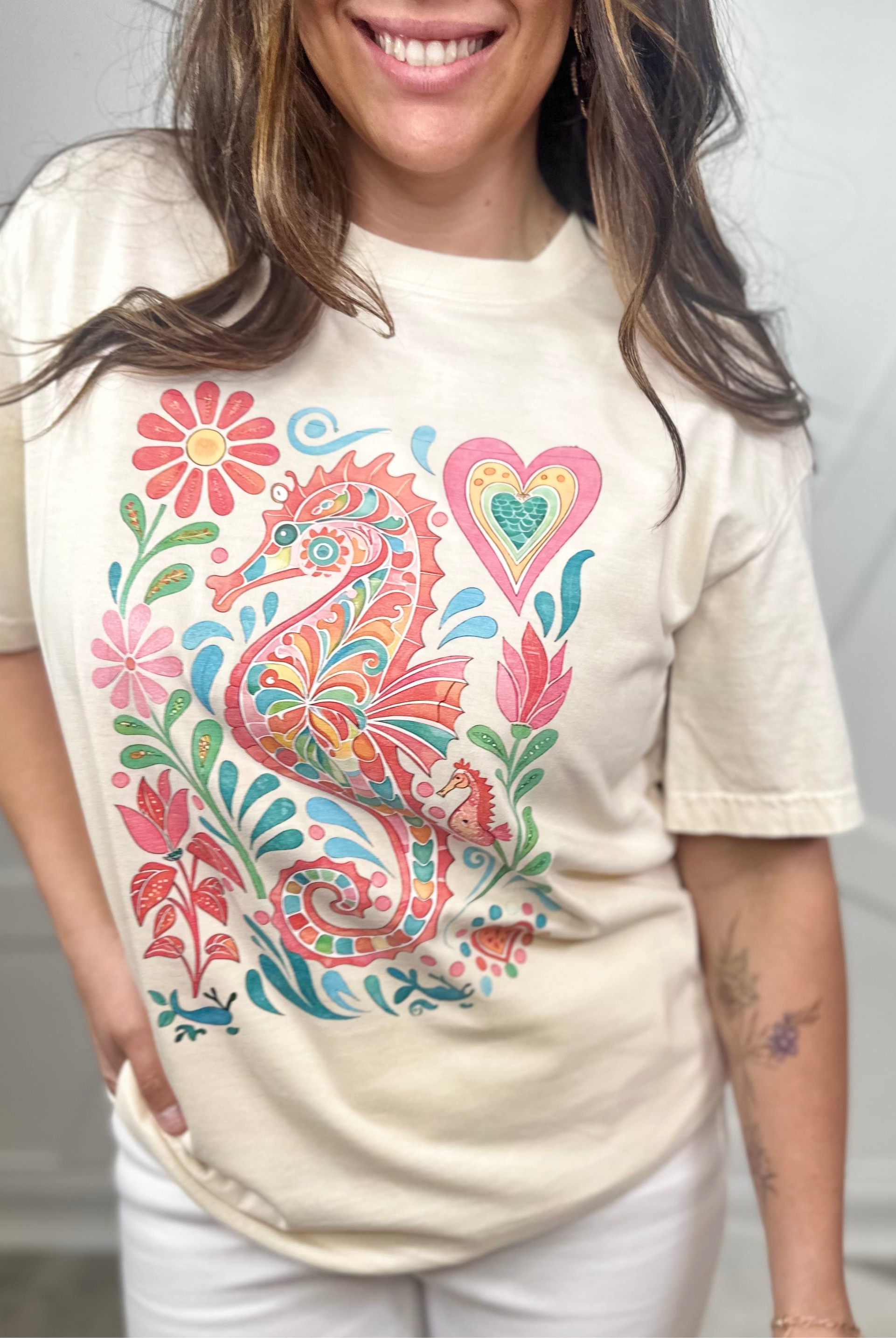 Seahorse Graphic Tee - Ivory-130 Graphic Tees-Heathered Boho-Heathered Boho Boutique, Women's Fashion and Accessories in Palmetto, FL