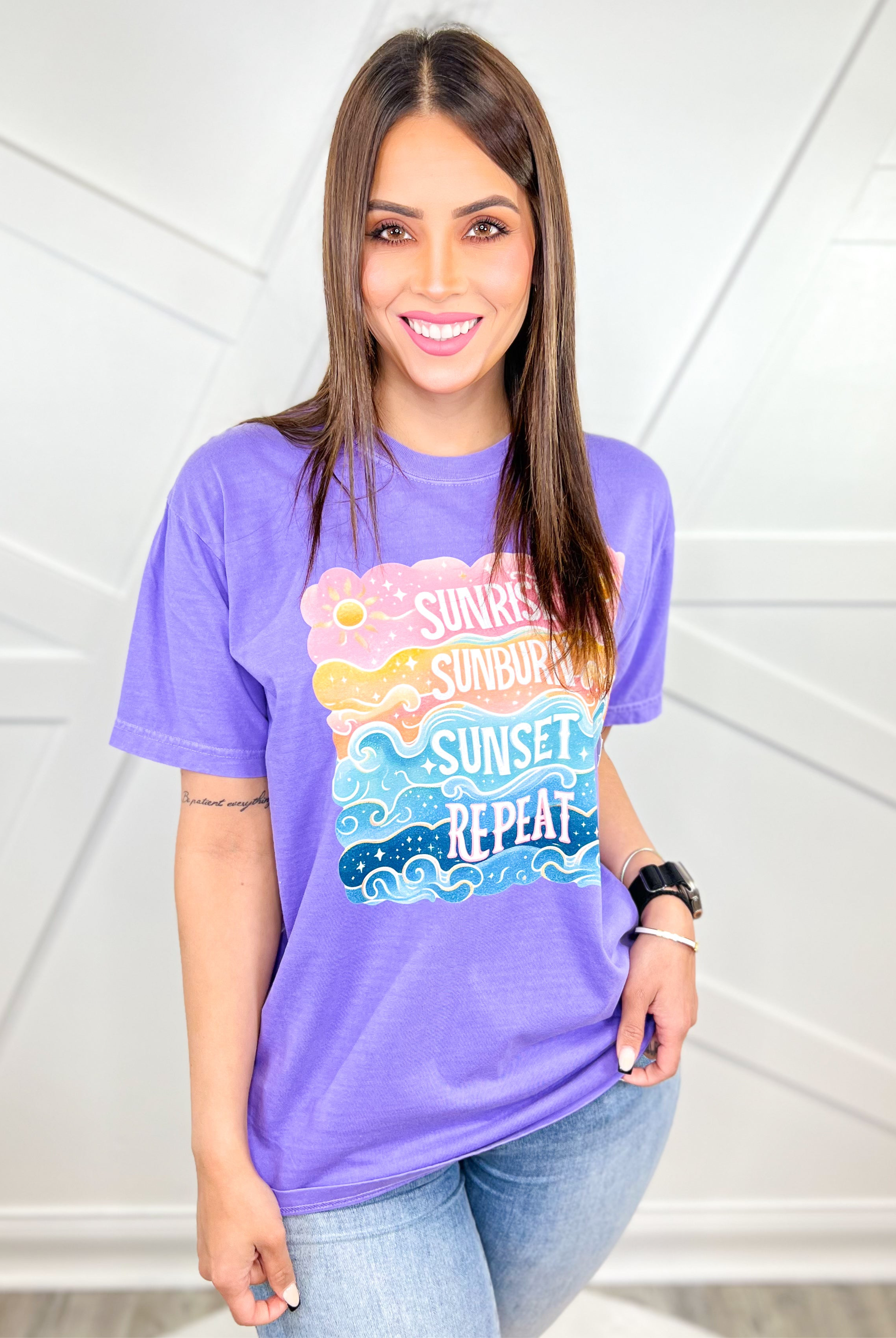 Sunrise Sunburn Sunset Repeat Graphic Tee-130 Graphic Tees-Heathered Boho-Heathered Boho Boutique, Women's Fashion and Accessories in Palmetto, FL