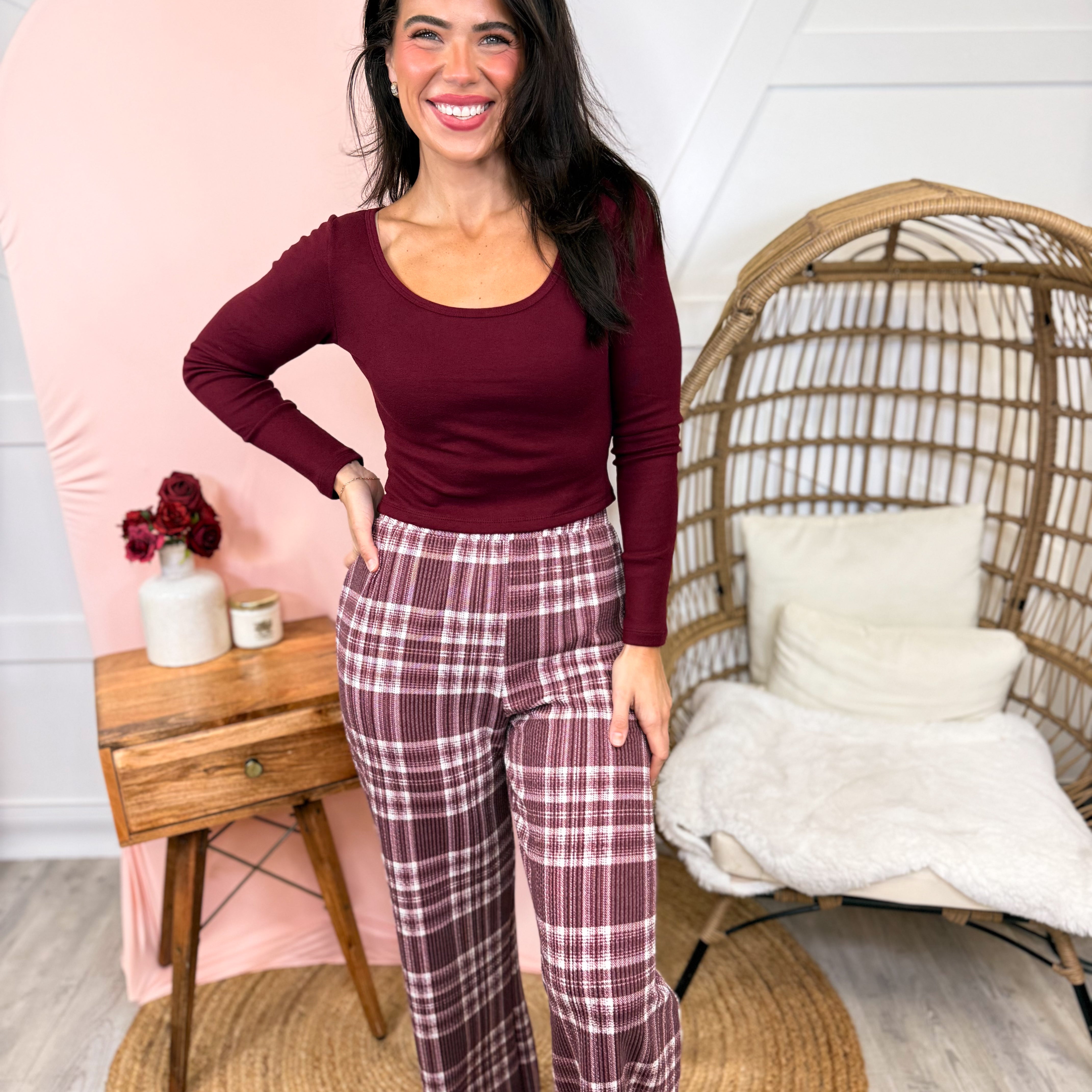 Pinterest Perfect Pants - Maroon Plaid-150 PANTS-Heathered Boho-Heathered Boho Boutique, Women's Fashion and Accessories in Palmetto, FL