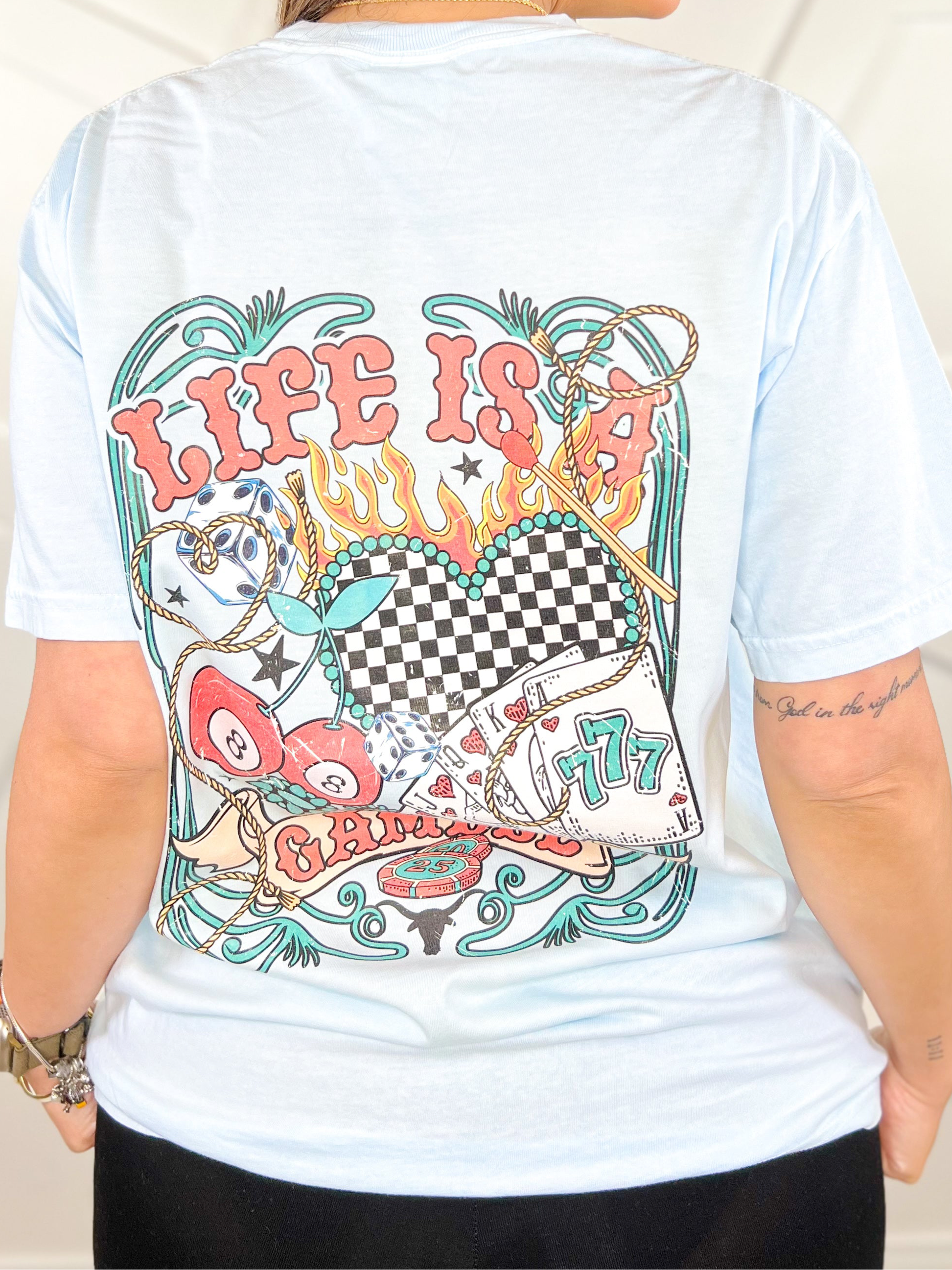 Life Is A Gamble Graphic Tee - Chambray-130 Graphic Tees-Heathered Boho-Heathered Boho Boutique, Women's Fashion and Accessories in Palmetto, FL