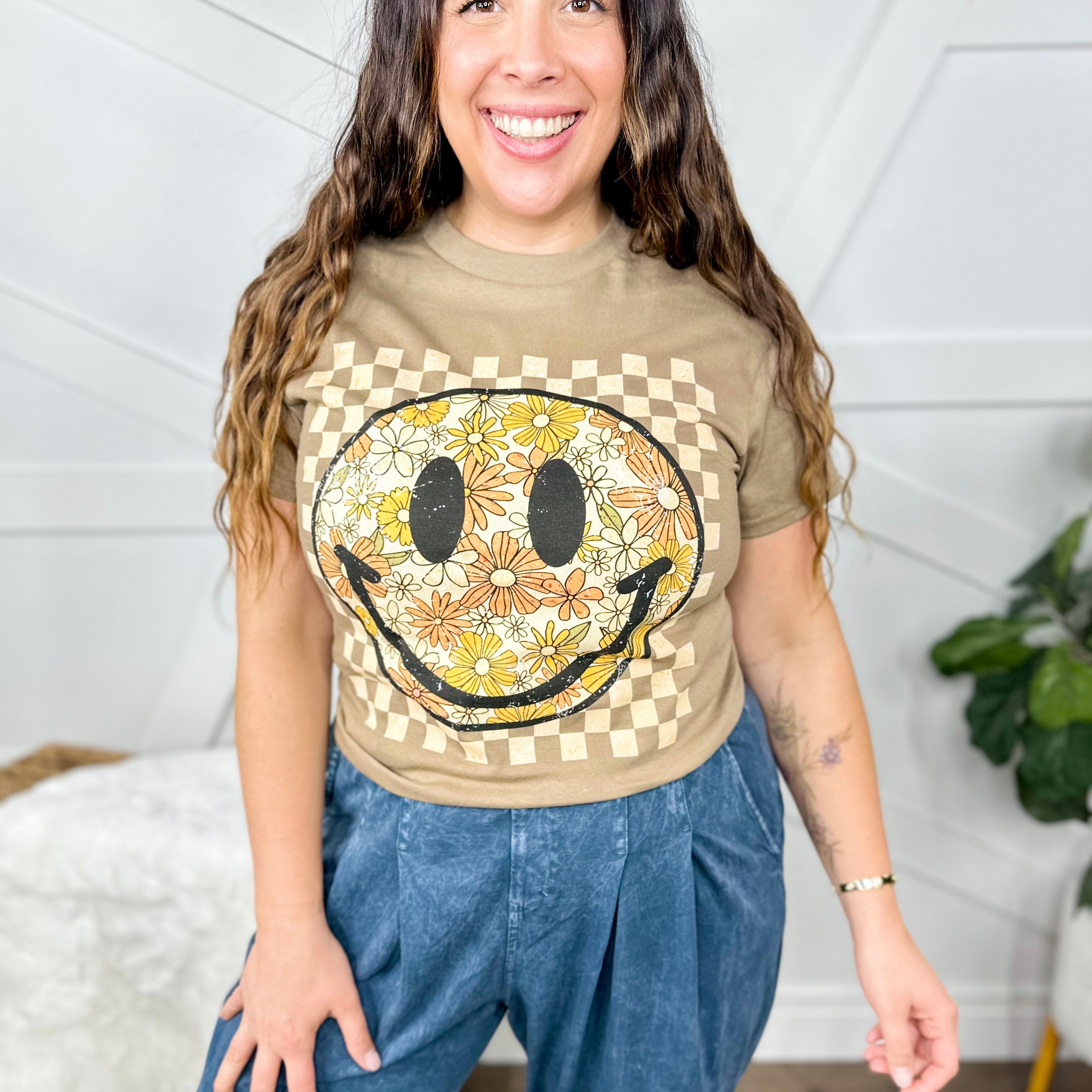 Autumn Checkered Smiley Graphic Tee-130 Graphic Tees-Heathered Boho-Heathered Boho Boutique, Women's Fashion and Accessories in Palmetto, FL