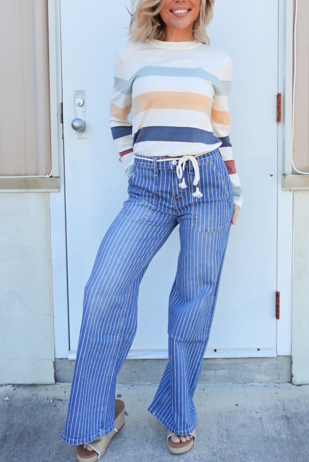 Striped Yacht Club Wide Leg Jeans by Vervet-190 JEANS-Vervet-Heathered Boho Boutique, Women's Fashion and Accessories in Palmetto, FL
