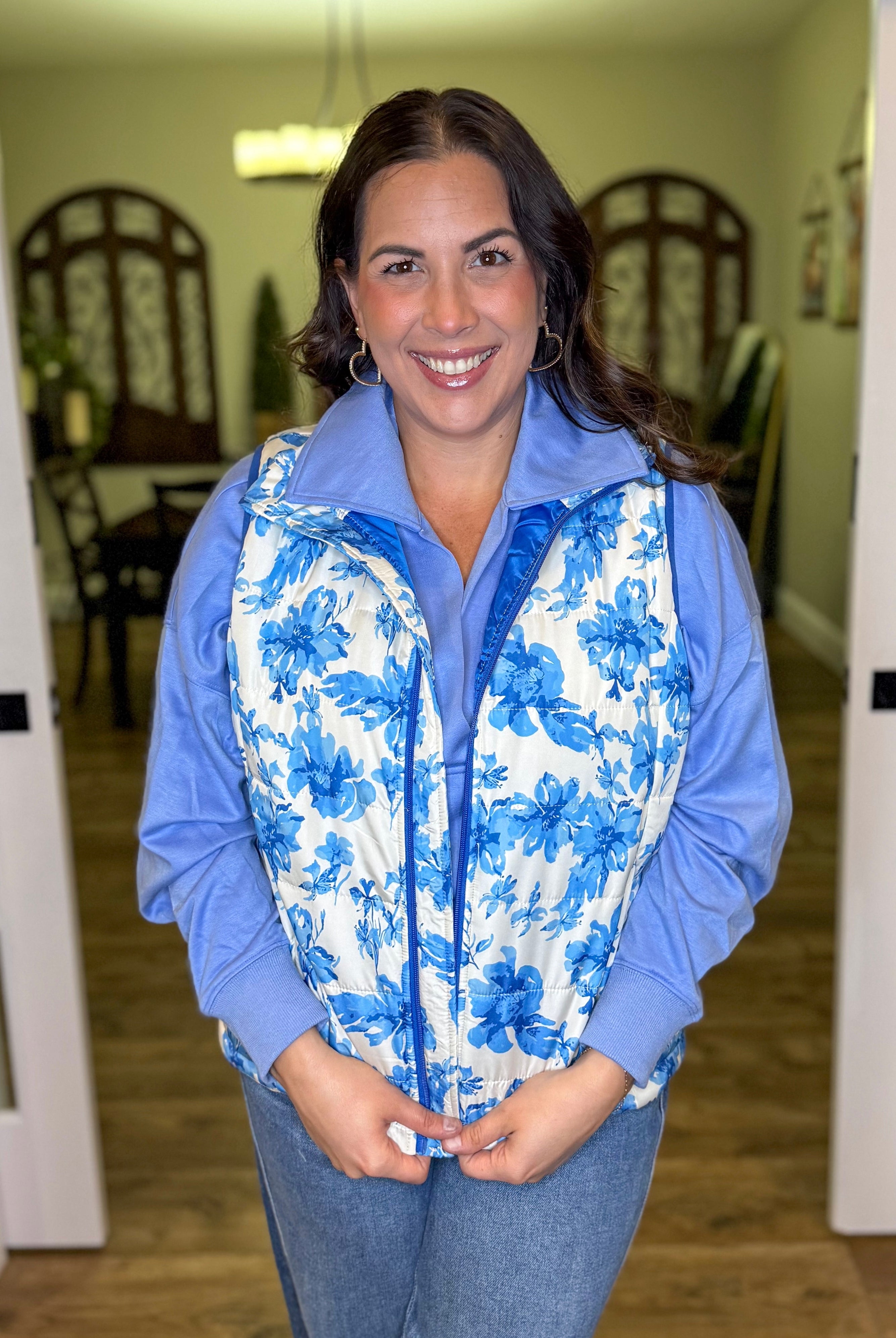 Delilah Blue Eternal Blossom Puffer Vest-200 Jackets/Shackets-Jess Lea-Heathered Boho Boutique, Women's Fashion and Accessories in Palmetto, FL