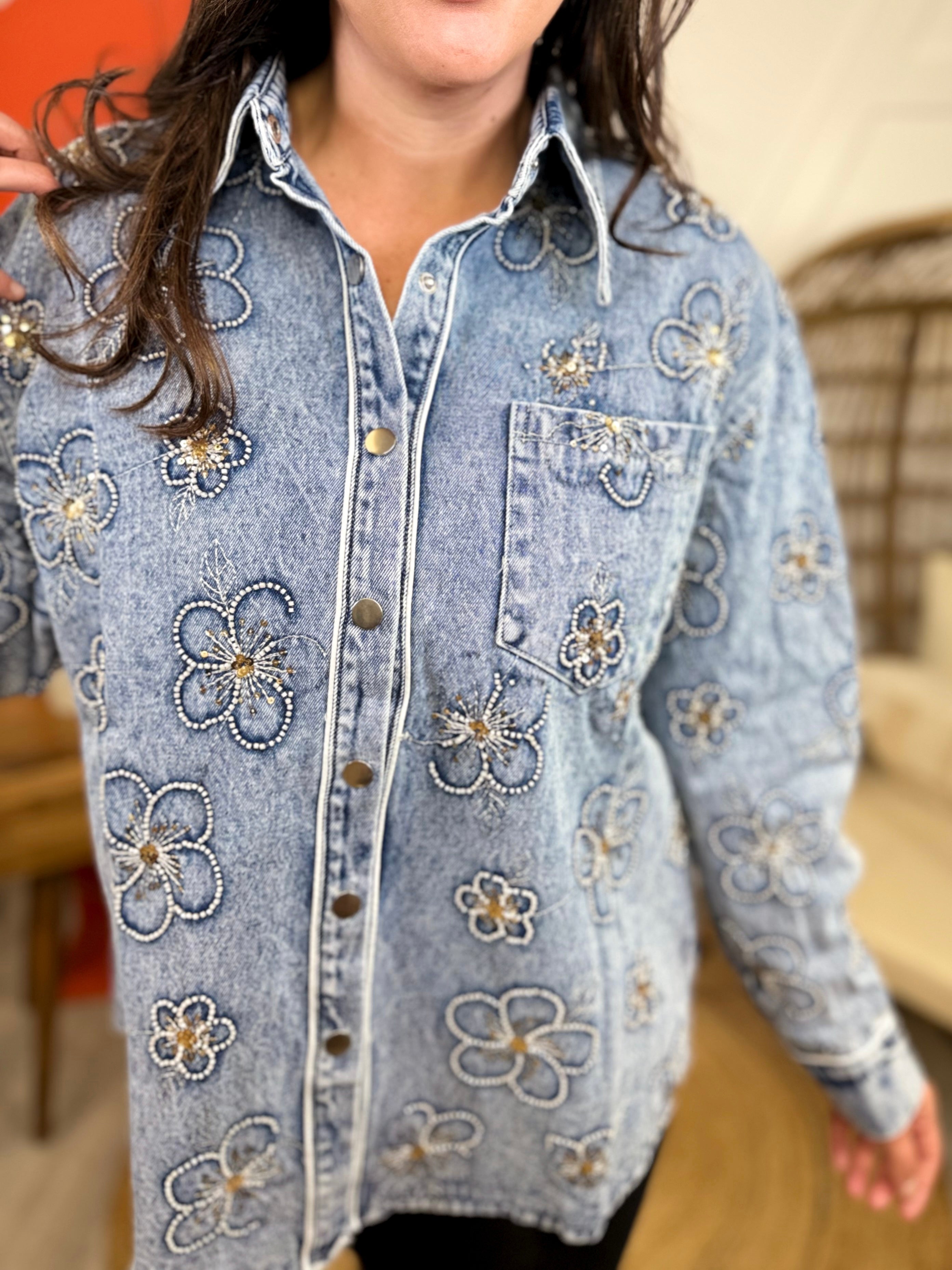 Favorite Things Floral Button Down Denim Jacket-200 JACKETS/SHACKETS-La Ros-Heathered Boho Boutique, Women's Fashion and Accessories in Palmetto, FL