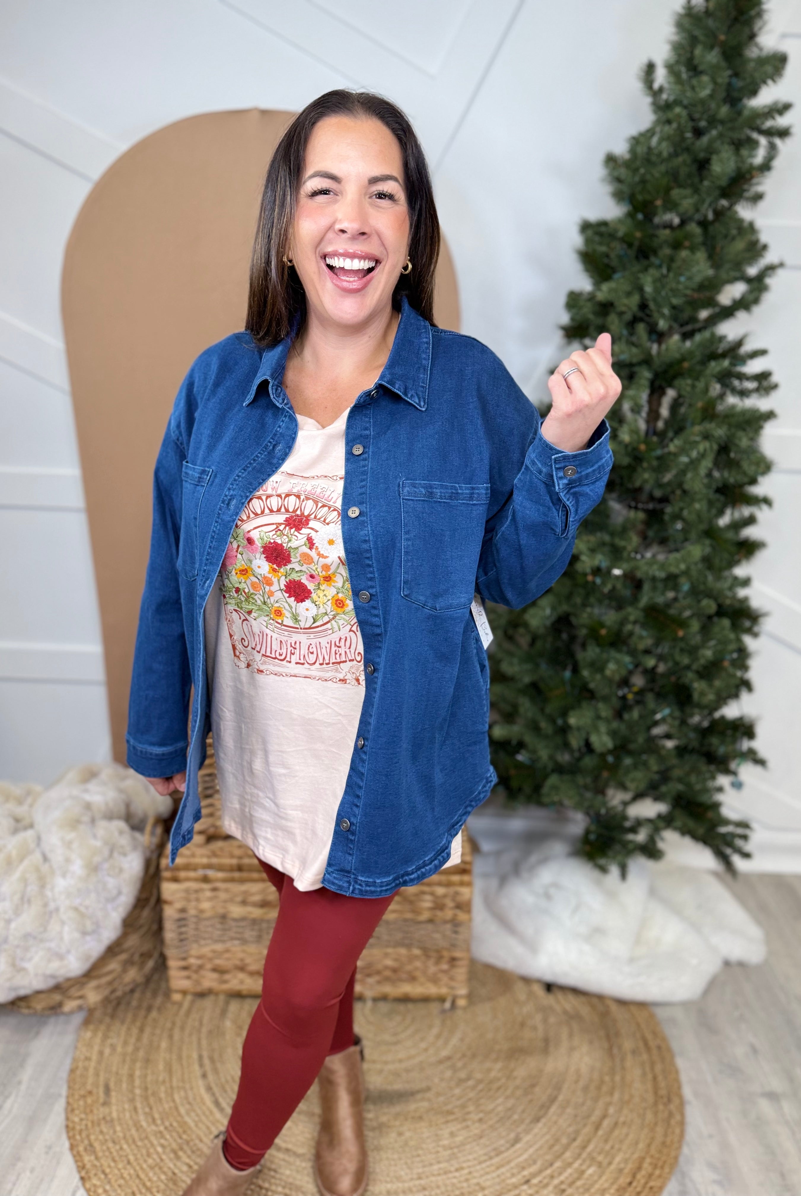 Off Script Denim Top-120 LONG SLEEVE TOPS-Risen Jeans-Heathered Boho Boutique, Women's Fashion and Accessories in Palmetto, FL