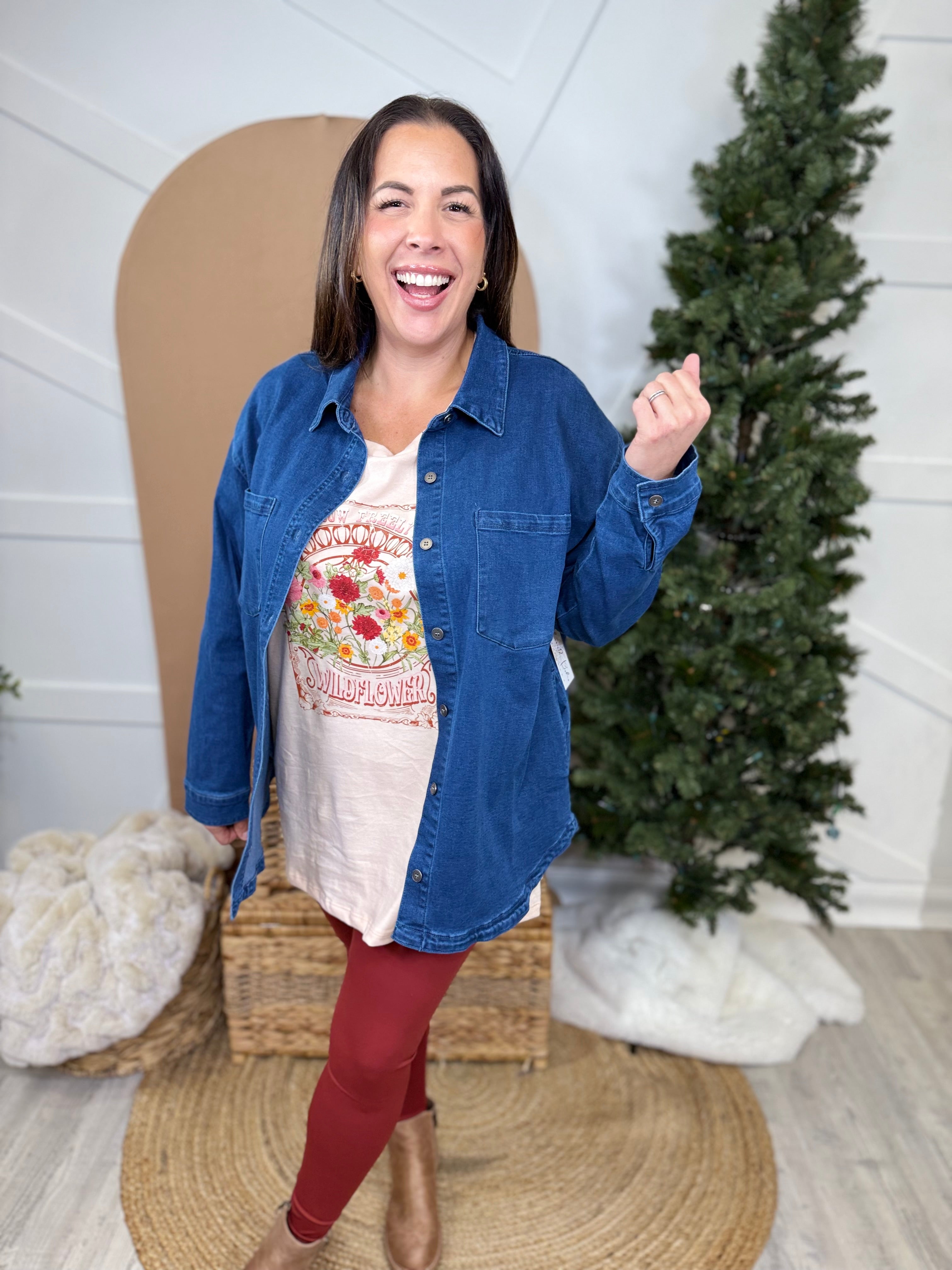 Off Script Denim Top-120 LONG SLEEVE TOPS-Risen Jeans-Heathered Boho Boutique, Women's Fashion and Accessories in Palmetto, FL