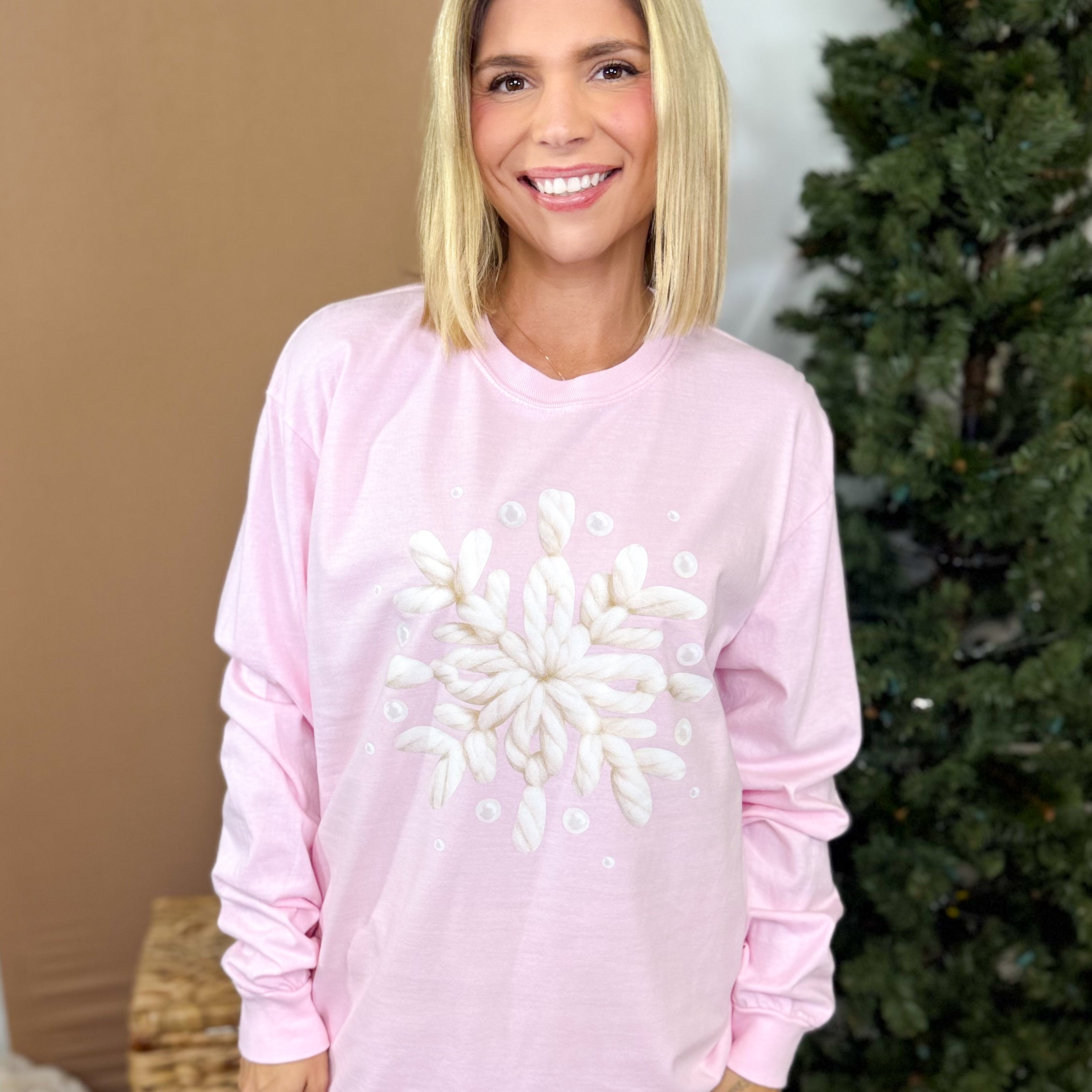 Yarned Snowflake Graphic Long Sleeve-Blossom-125 Sweater-Heathered Boho-Heathered Boho Boutique, Women's Fashion and Accessories in Palmetto, FL