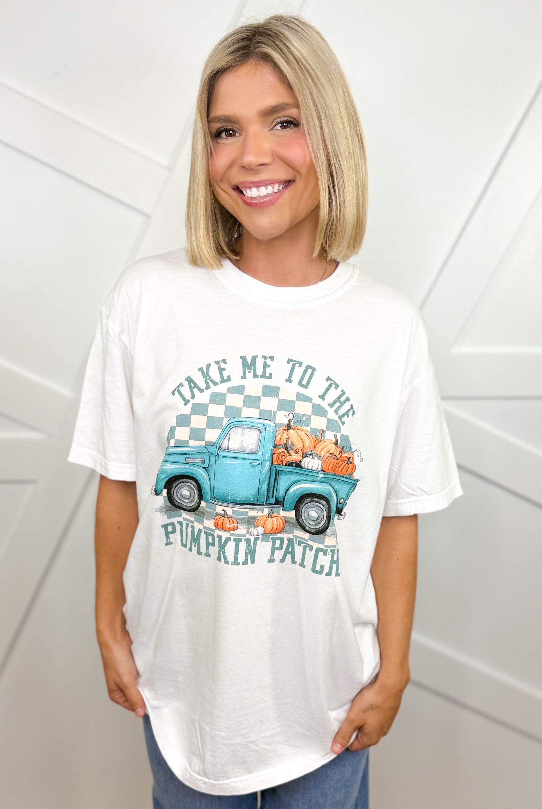 Take Me to the Pumpkin Patch Graphic Tee-White-120 Long Sleeve Tops-Heathered Boho-Heathered Boho Boutique, Women's Fashion and Accessories in Palmetto, FL