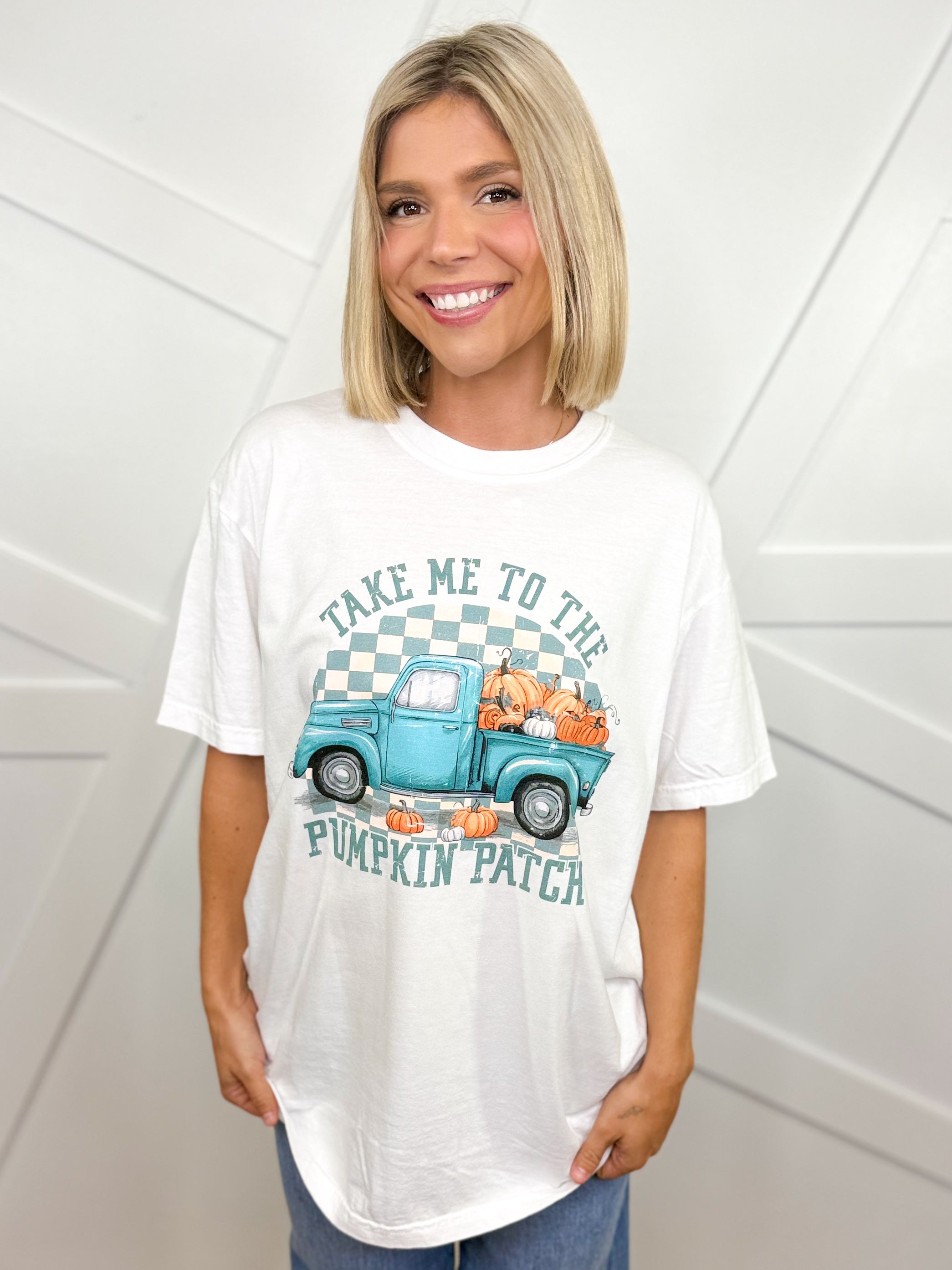 Take Me to the Pumpkin Patch Graphic Tee-White-120 Long Sleeve Tops-Heathered Boho-Heathered Boho Boutique, Women's Fashion and Accessories in Palmetto, FL