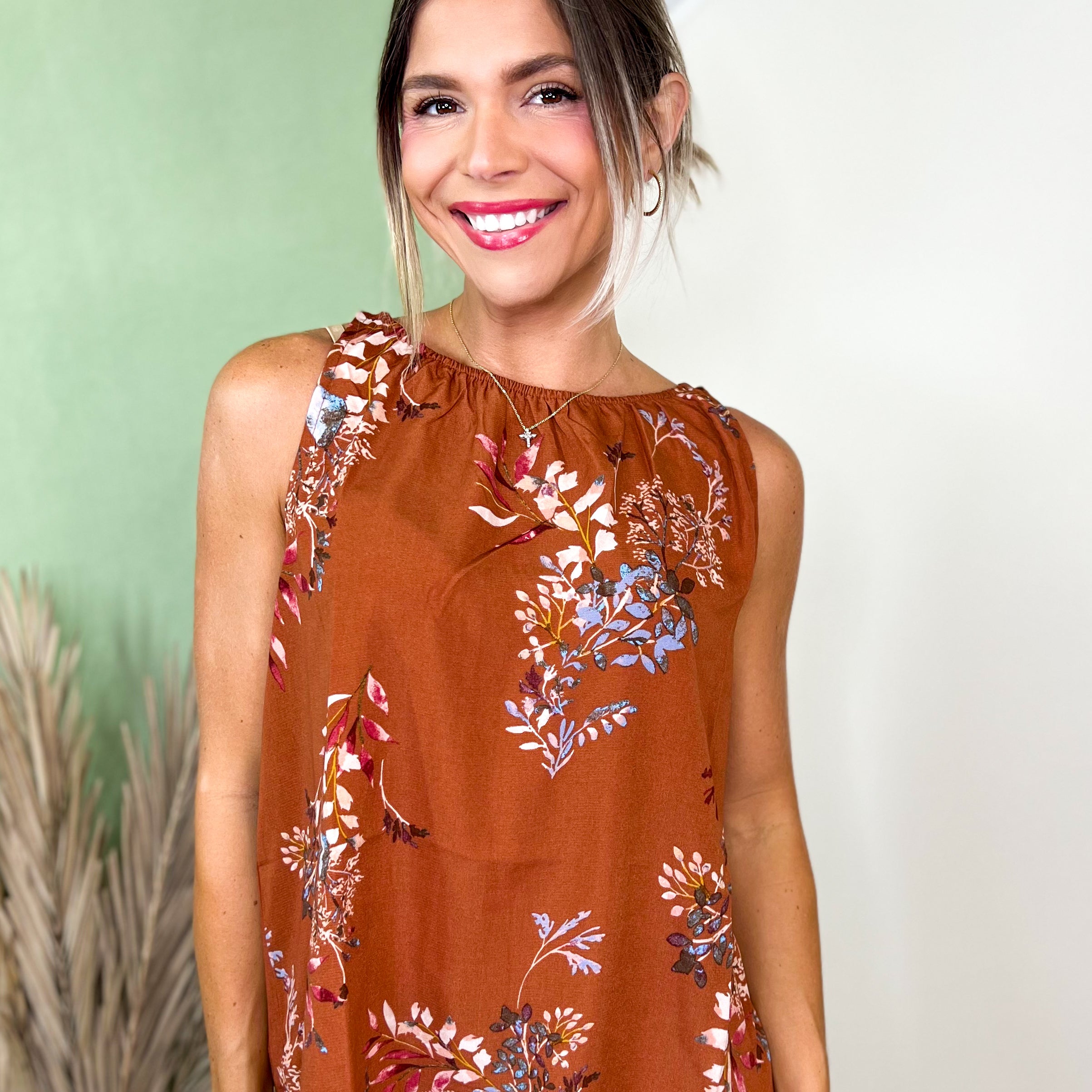 Floral High-Neck Sleeveless Top-100 TANK/CROP TOPS-TIMING-Heathered Boho Boutique, Women's Fashion and Accessories in Palmetto, FL