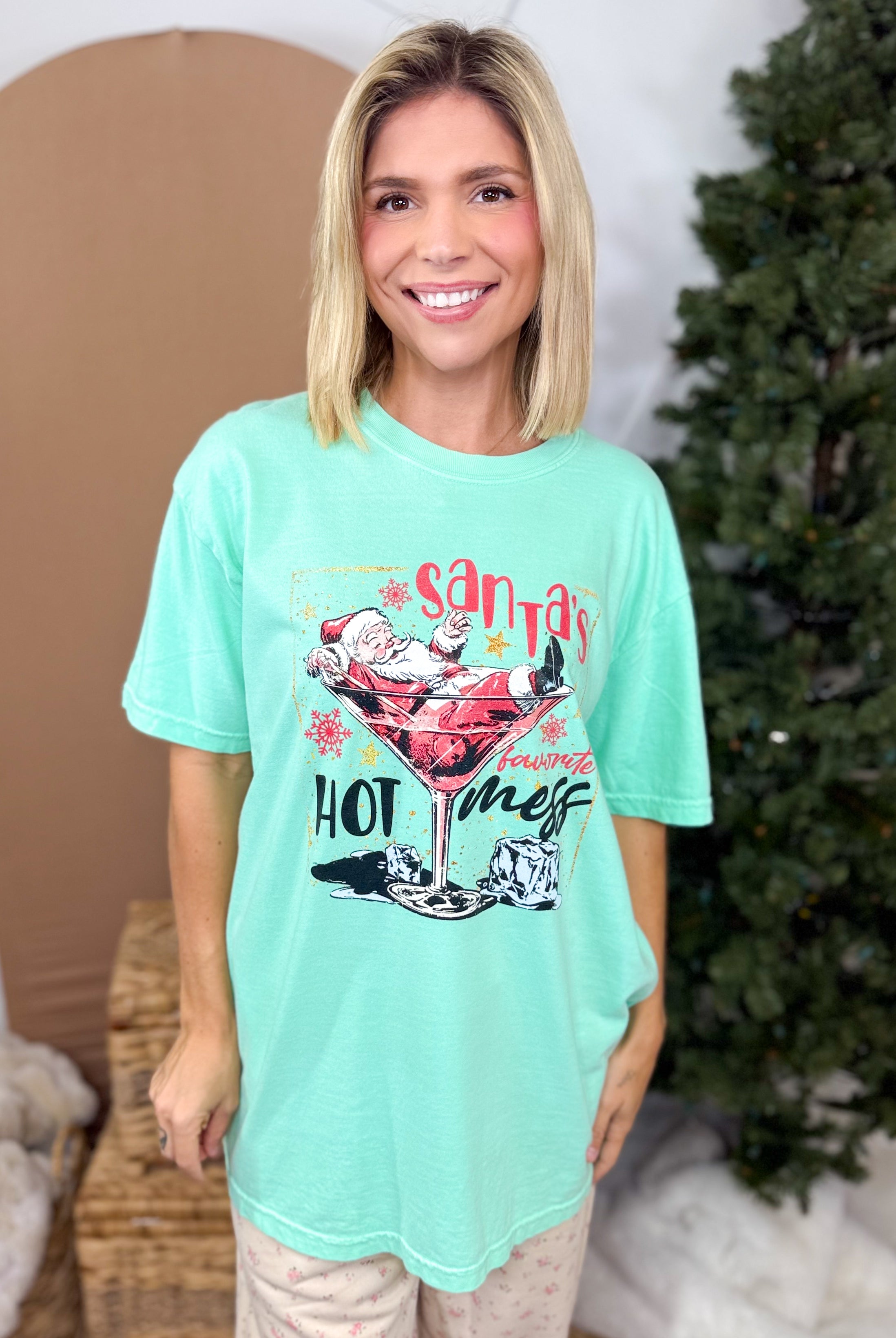 Santa's Hot Mess Graphic Shirt-125 Sweater-Heathered Boho-Heathered Boho Boutique, Women's Fashion and Accessories in Palmetto, FL
