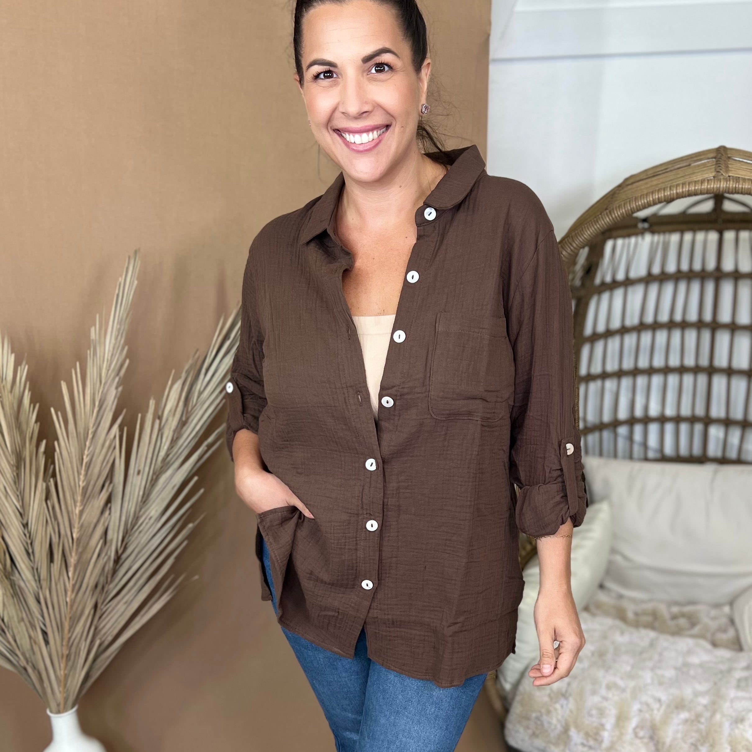 The Celia Button Down Top-120 LONG SLEEVE TOPS-DEAR SCARLETT-Heathered Boho Boutique, Women's Fashion and Accessories in Palmetto, FL