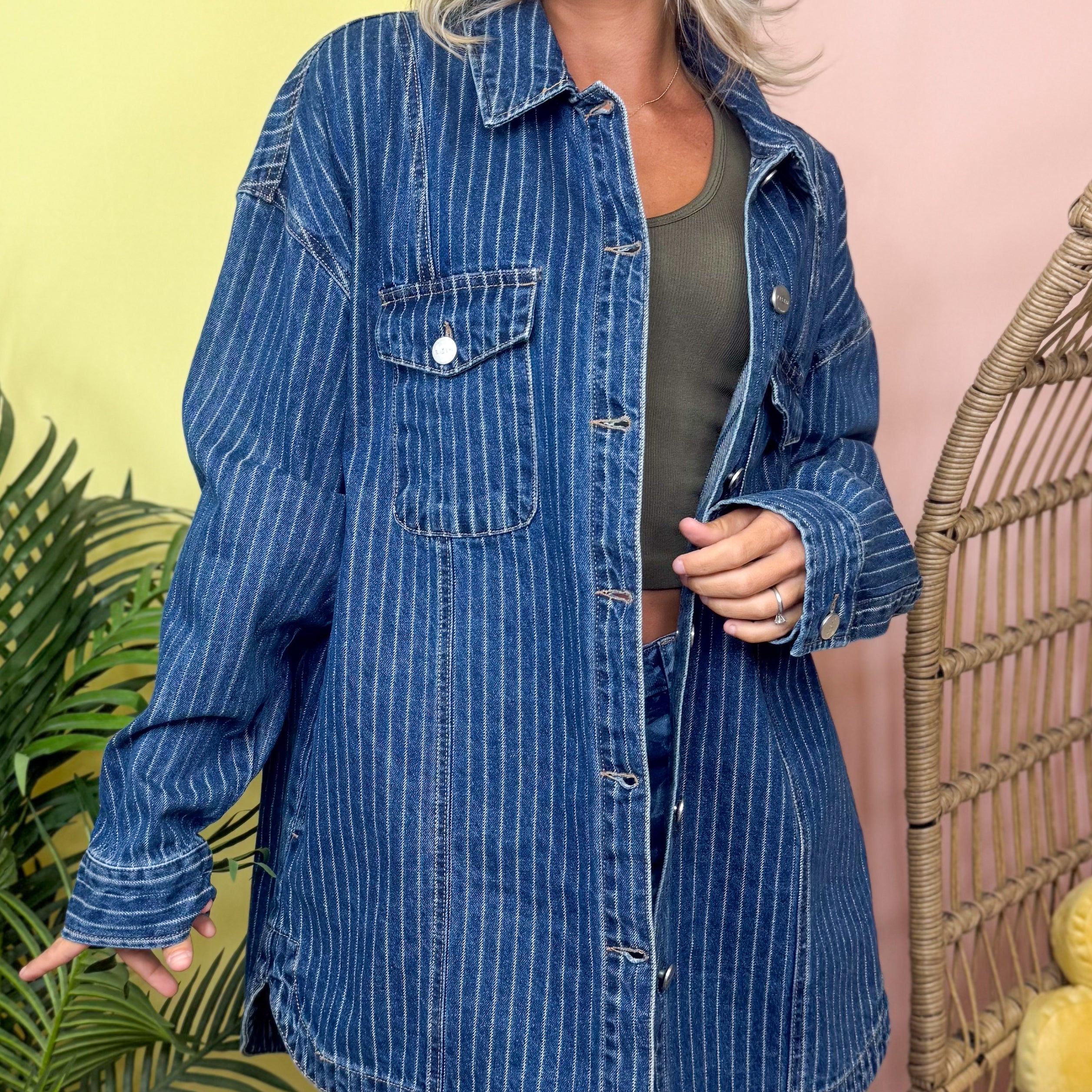 Railway Stripe Shacket-200 JACKETS/SHACKETS-RISEN-Heathered Boho Boutique, Women's Fashion and Accessories in Palmetto, FL