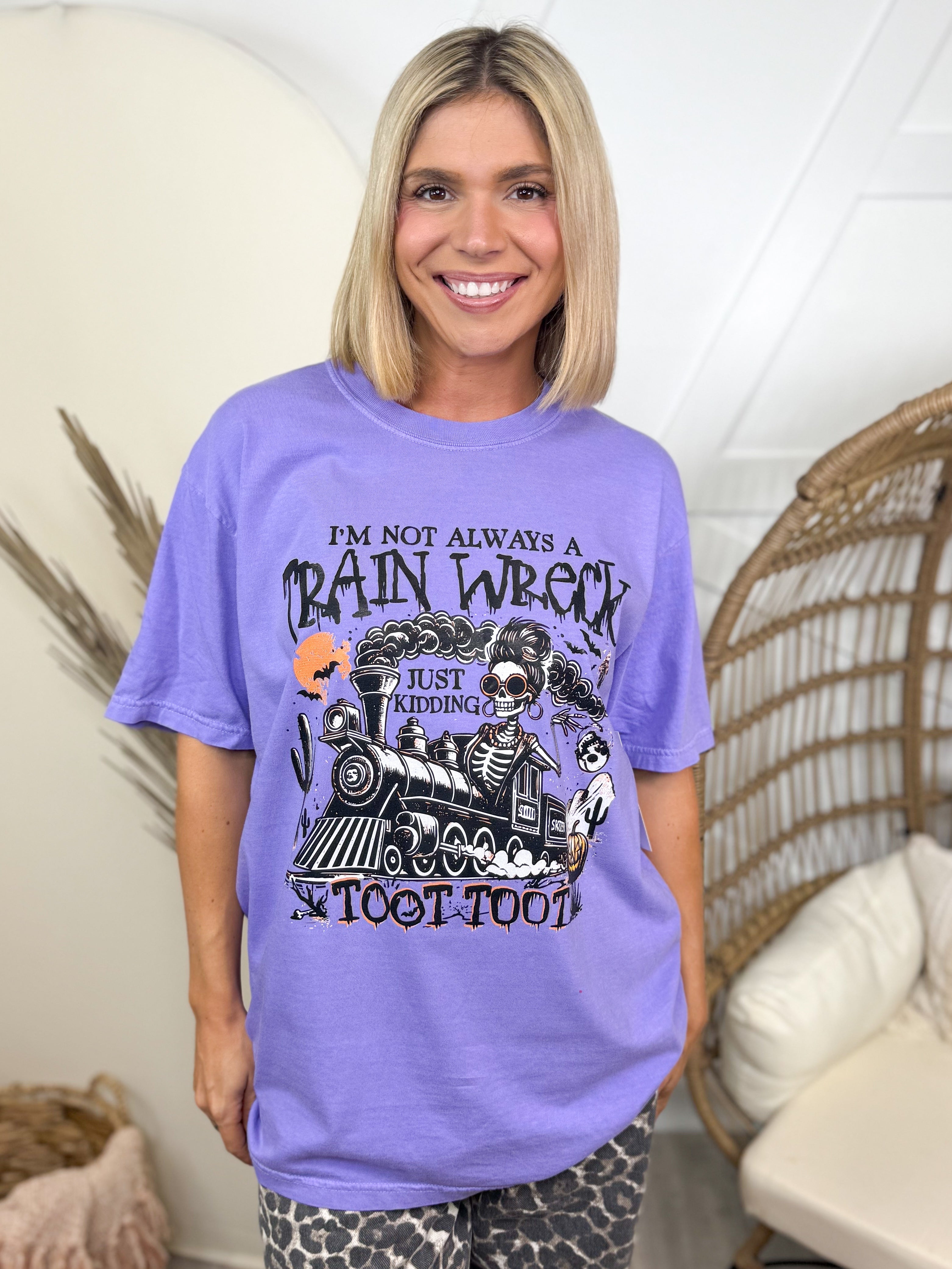 Skelly Train Wreck Graphic Tee-130 Graphic Tees-Heathered Boho-Heathered Boho Boutique, Women's Fashion and Accessories in Palmetto, FL