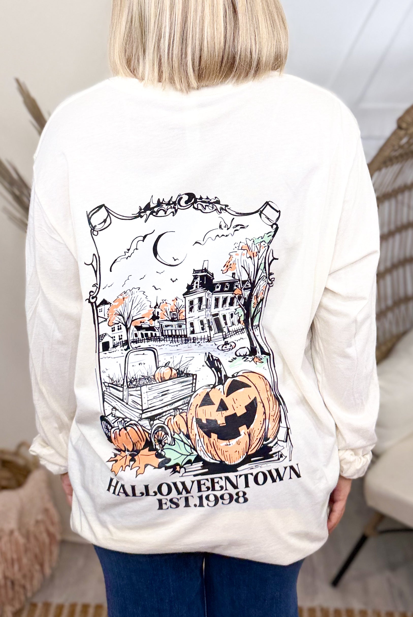 Halloweentown w/ Pocket Graphic Long Sleeve-130 Graphic Tees-Heathered Boho-Heathered Boho Boutique, Women's Fashion and Accessories in Palmetto, FL