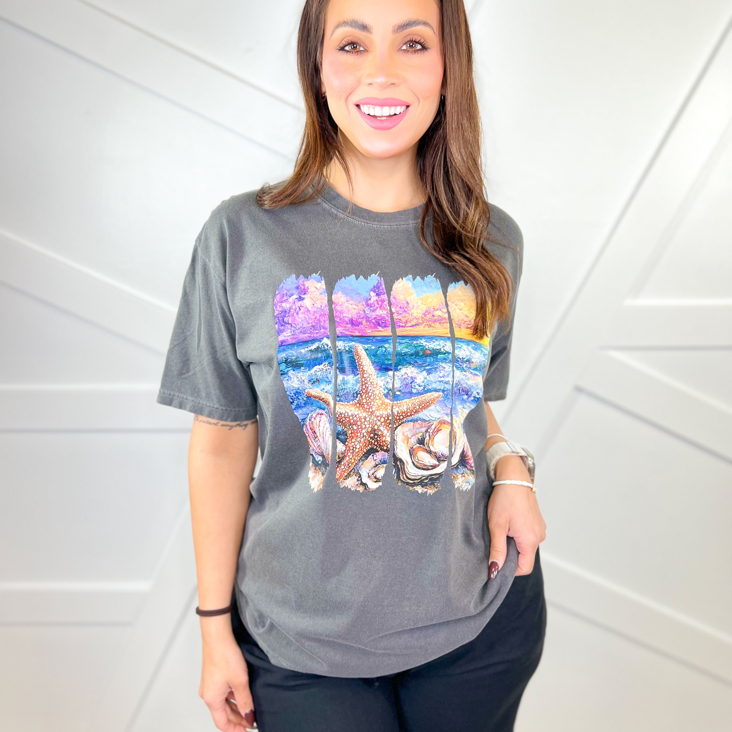 Shoreline Scene Graphic Tee-130 Graphic Tees-Heathered Boho-Heathered Boho Boutique, Women's Fashion and Accessories in Palmetto, FL