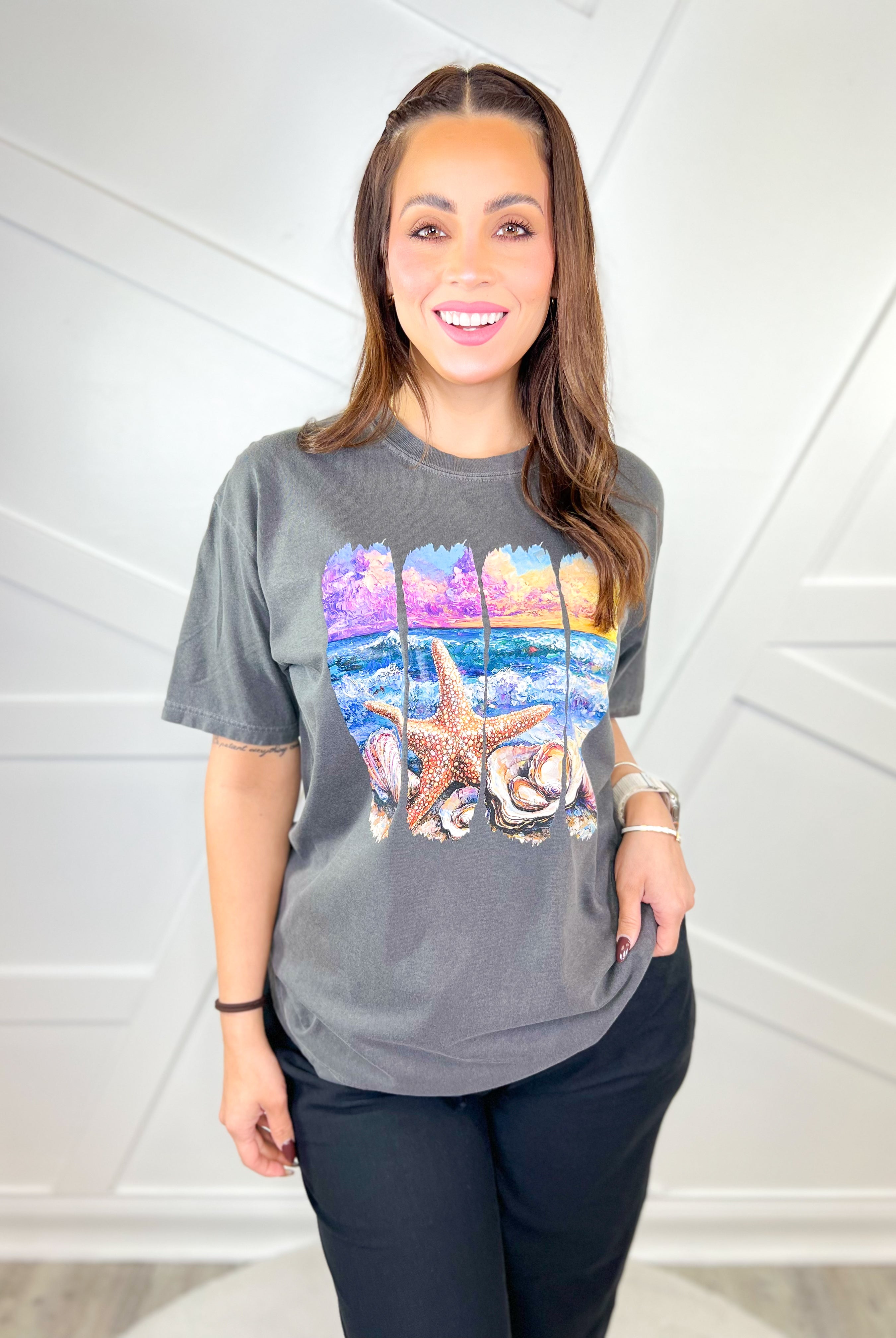 Shoreline Scene Graphic Tee-130 Graphic Tees-Heathered Boho-Heathered Boho Boutique, Women's Fashion and Accessories in Palmetto, FL