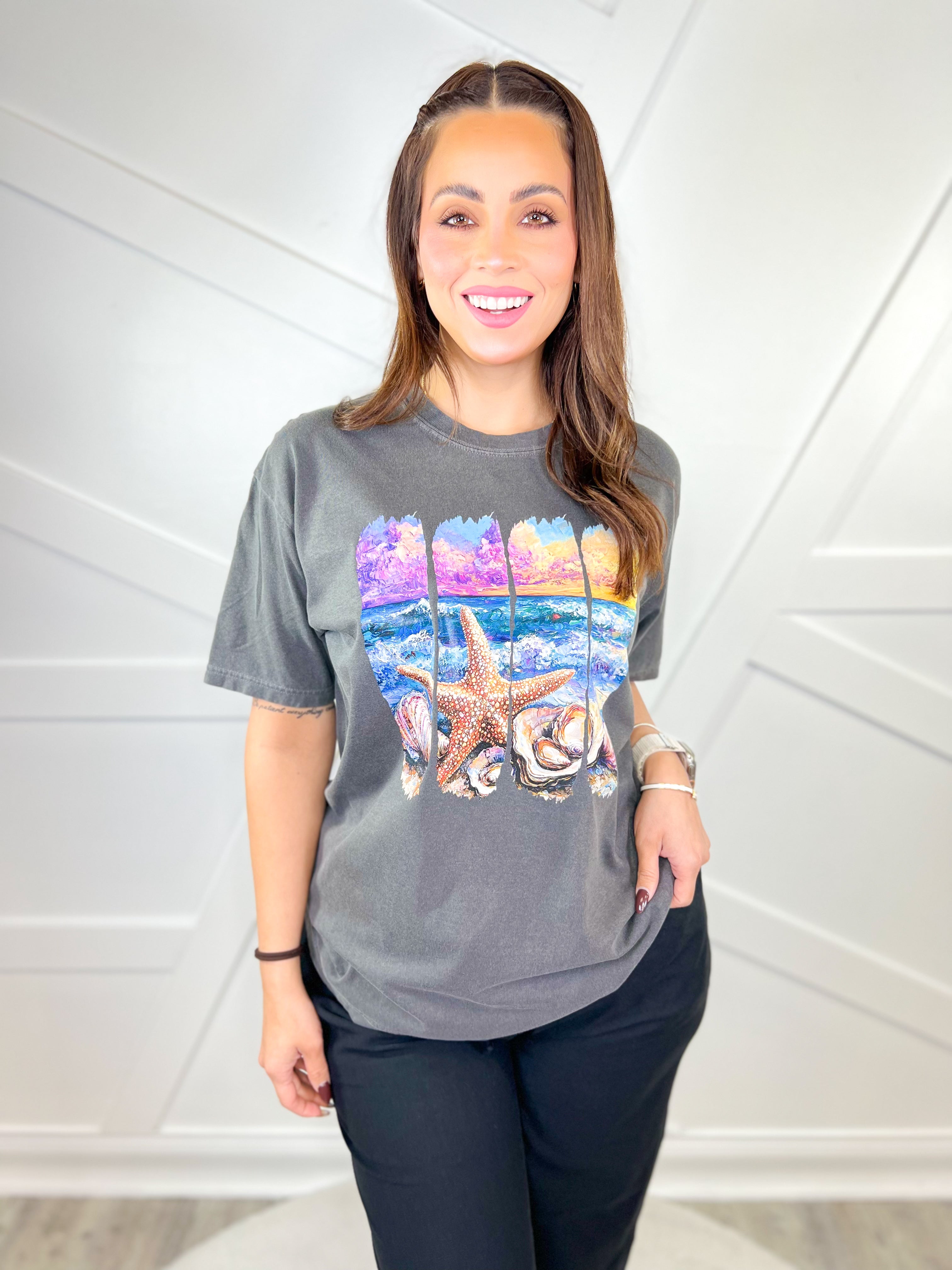 Shoreline Scene Graphic Tee-130 Graphic Tees-Heathered Boho-Heathered Boho Boutique, Women's Fashion and Accessories in Palmetto, FL