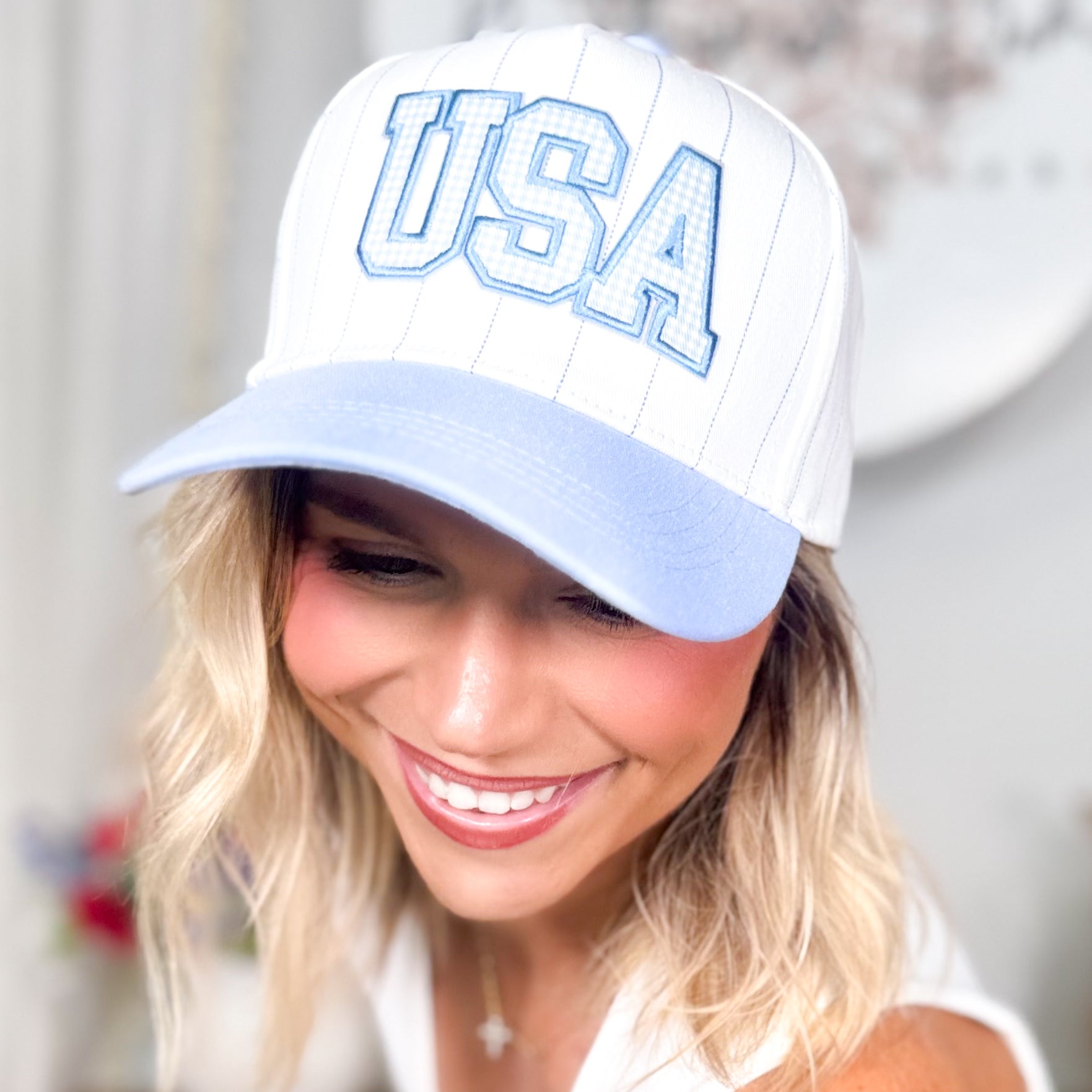 USA Pinstripe Trucker Hat-330 Headwear-Fashion City-Heathered Boho Boutique, Women's Fashion and Accessories in Palmetto, FL