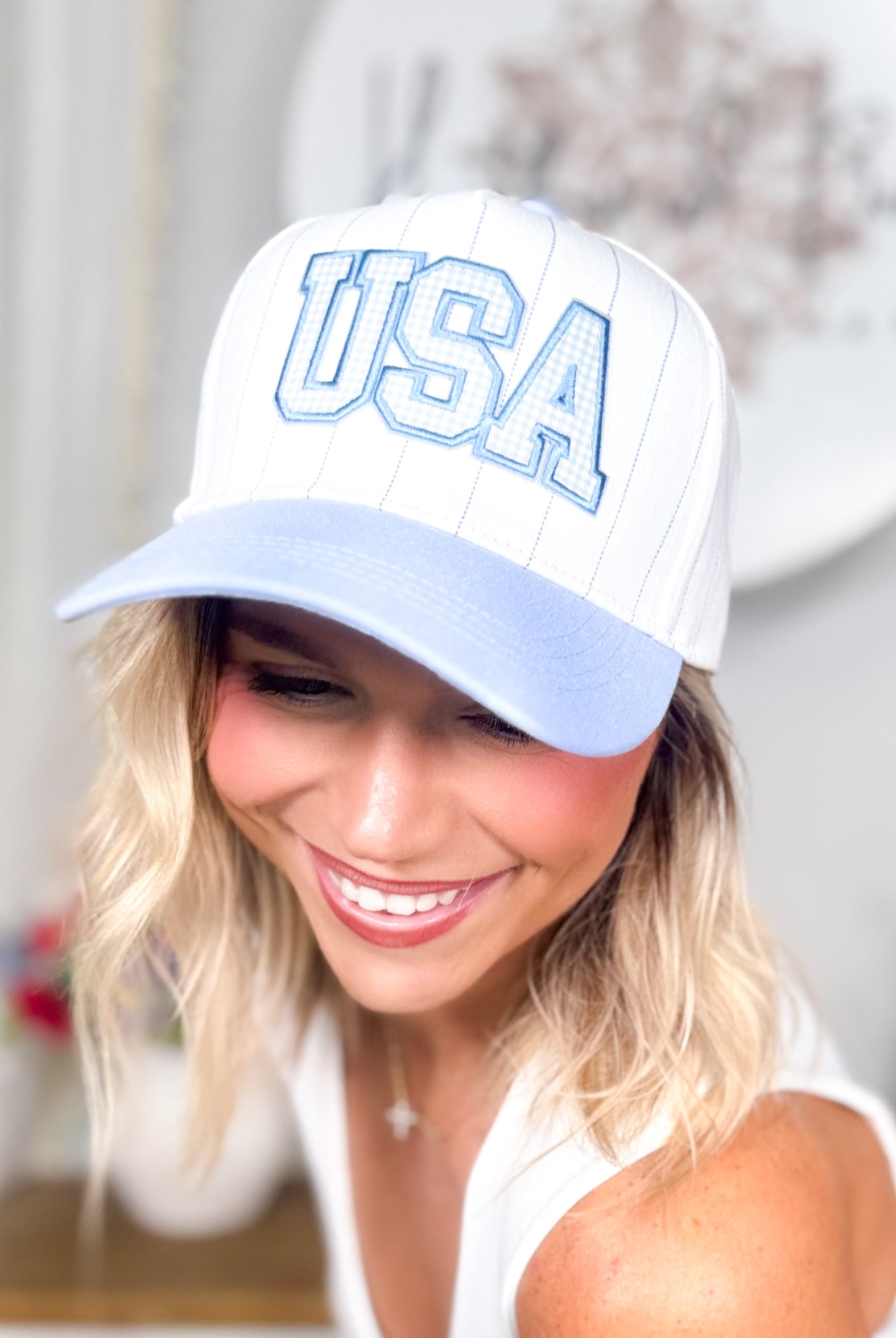 USA Pinstripe Trucker Hat-330 Headwear-Fashion City-Heathered Boho Boutique, Women's Fashion and Accessories in Palmetto, FL