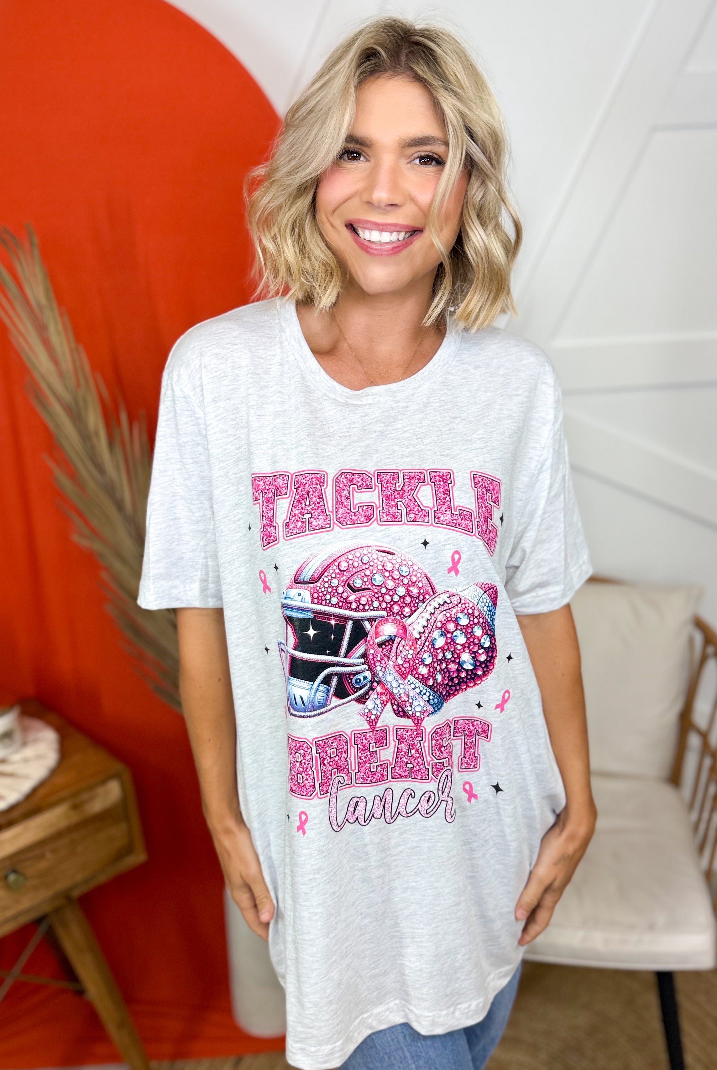 Tackle Breast Cancer Graphic Tee-130 Graphic Tees-Heathered Boho-Heathered Boho Boutique, Women's Fashion and Accessories in Palmetto, FL